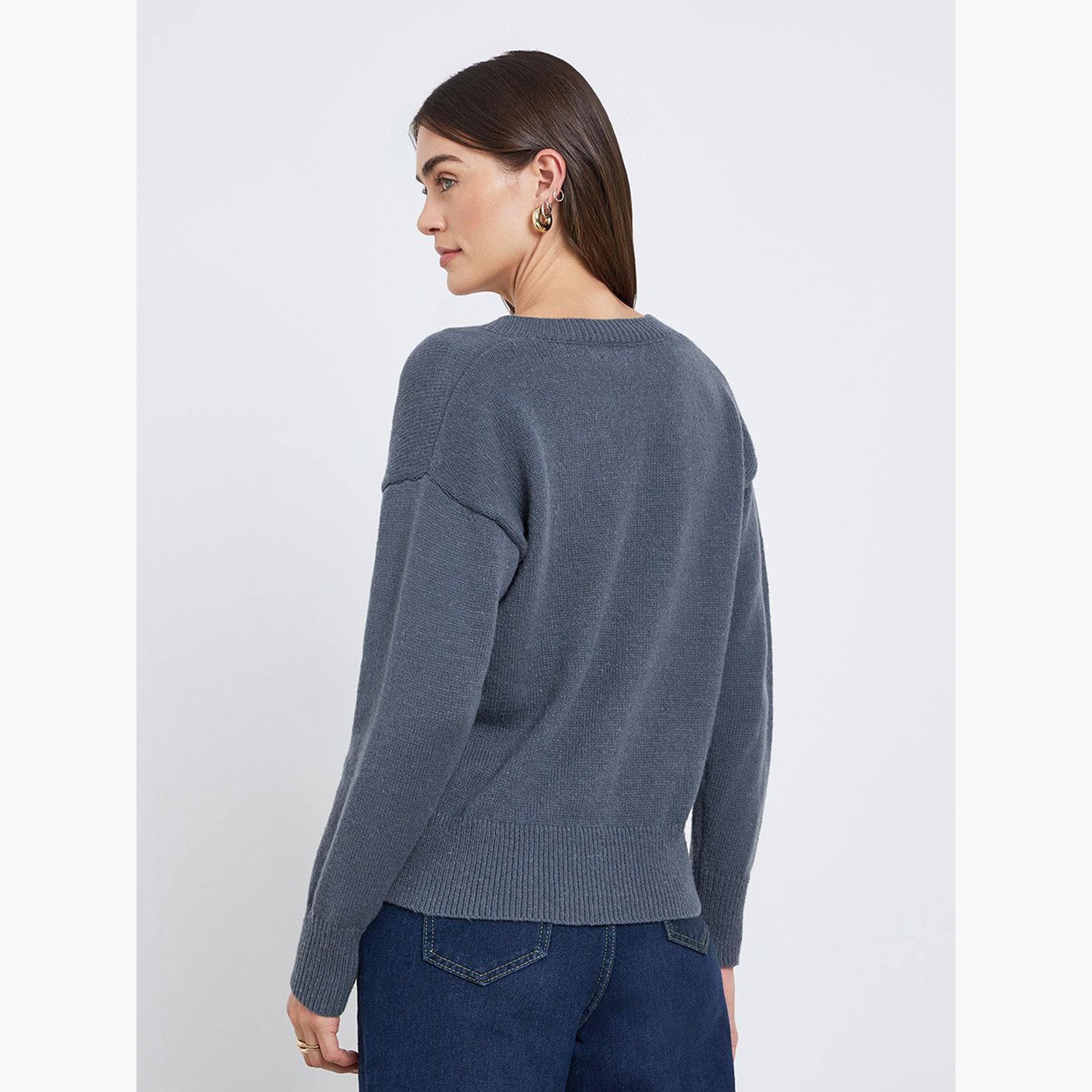 Styli Charcoal V-Neck Relaxed Fit Sweater-women-winterwear-cardigansandjumpers-jumpers-image-4