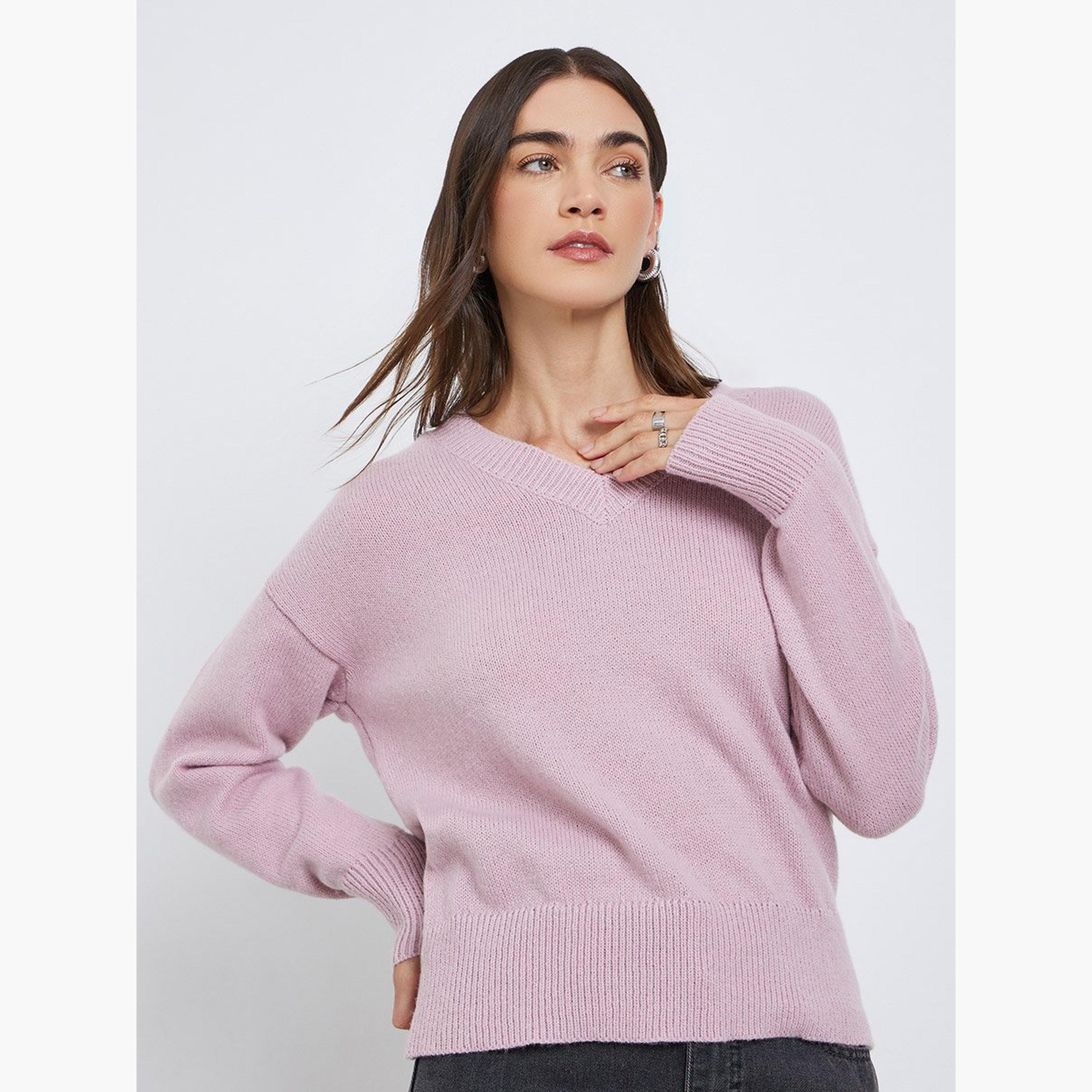 ستايلي - سترة للنساء وردية اللون برقبة على شكل حرف V وقصّة عادية-women-winterwear-cardigansandjumpers-jumpers-image-1