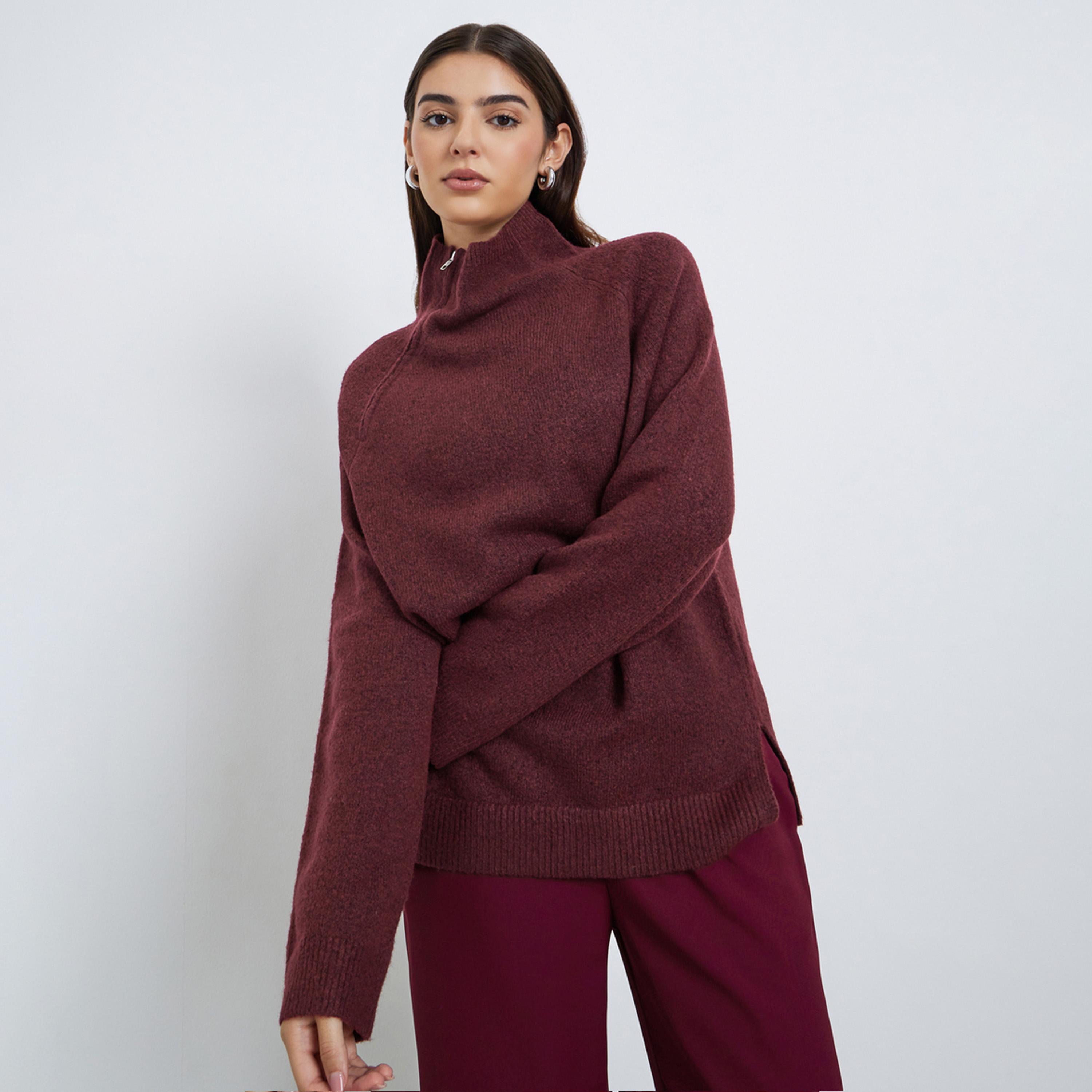 Styli Women Burgundy Regular Fit Sweater with Zip Detail-women-clothing-cardigansandjumpers-jumpers-image-1