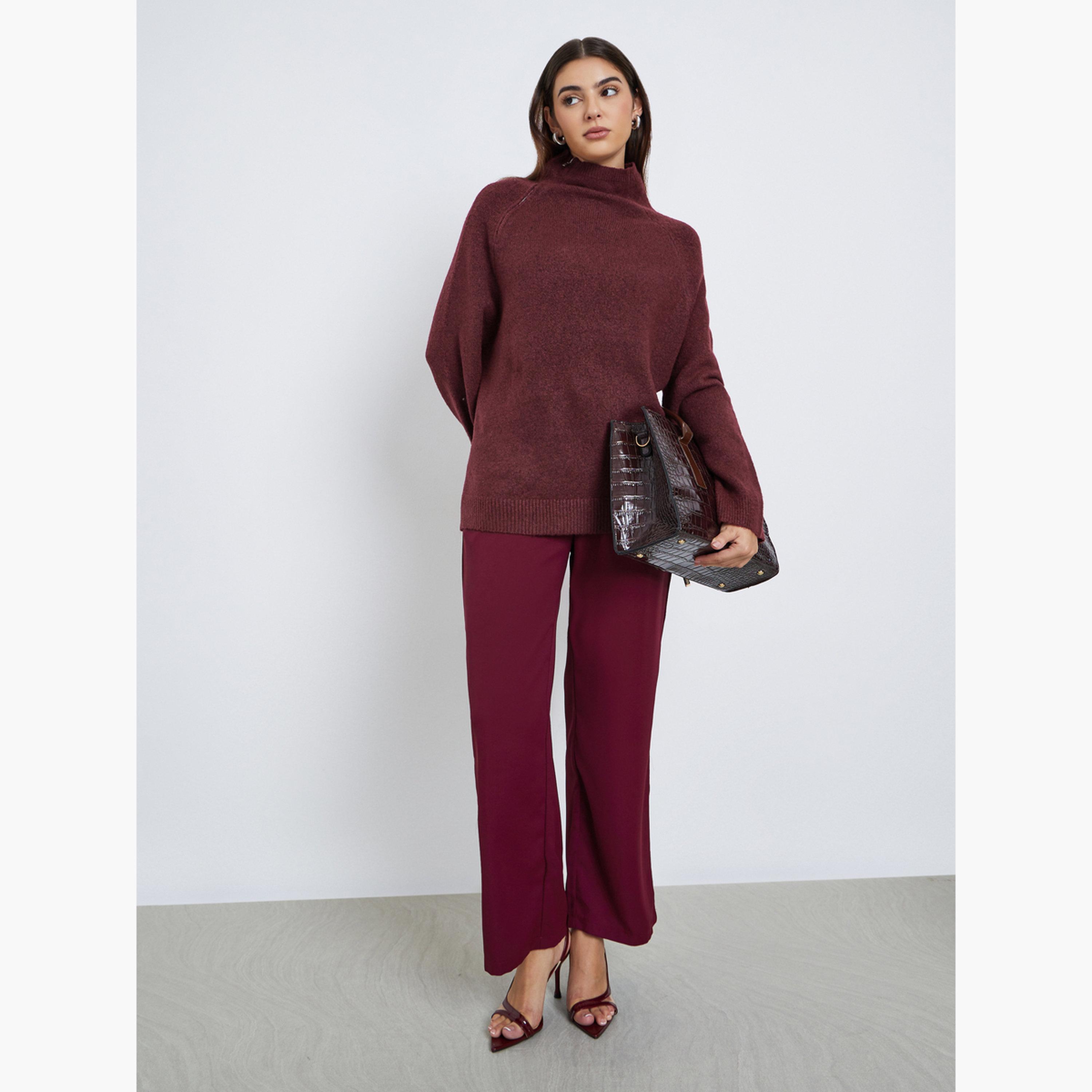 Styli Women Burgundy Regular Fit Sweater with Zip Detail-women-clothing-cardigansandjumpers-jumpers-image-2