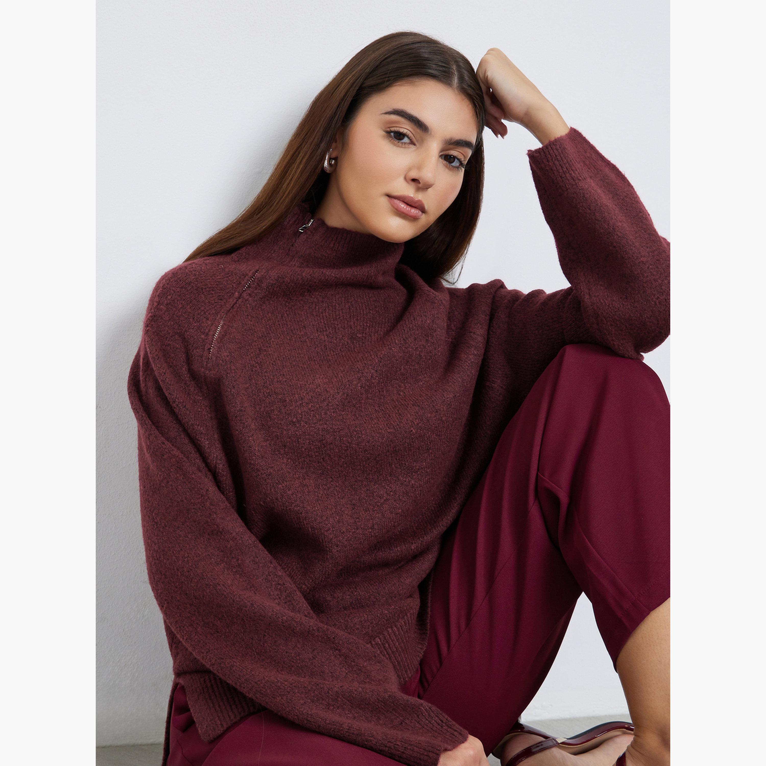 ستايلي - سترة برغندي بقصّة عادية مع تفاصيل سحاب-women-clothing-cardigansandjumpers-jumpers-image-3