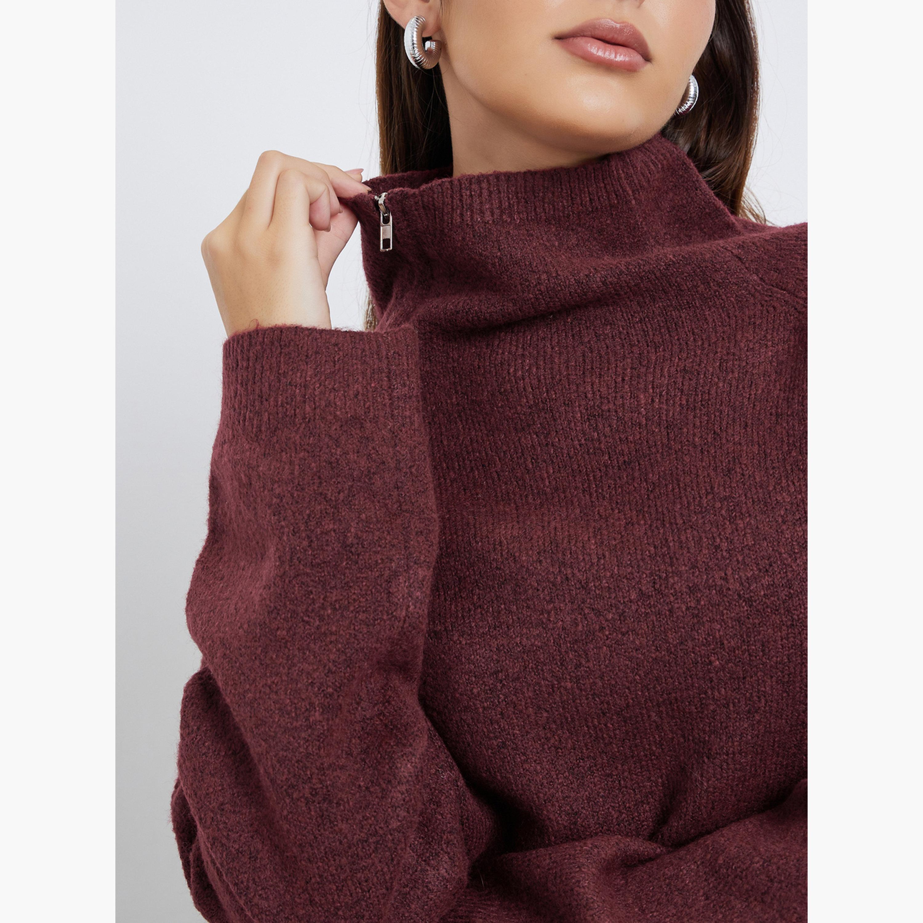 Styli Women Burgundy Regular Fit Sweater with Zip Detail-women-clothing-cardigansandjumpers-jumpers-image-5