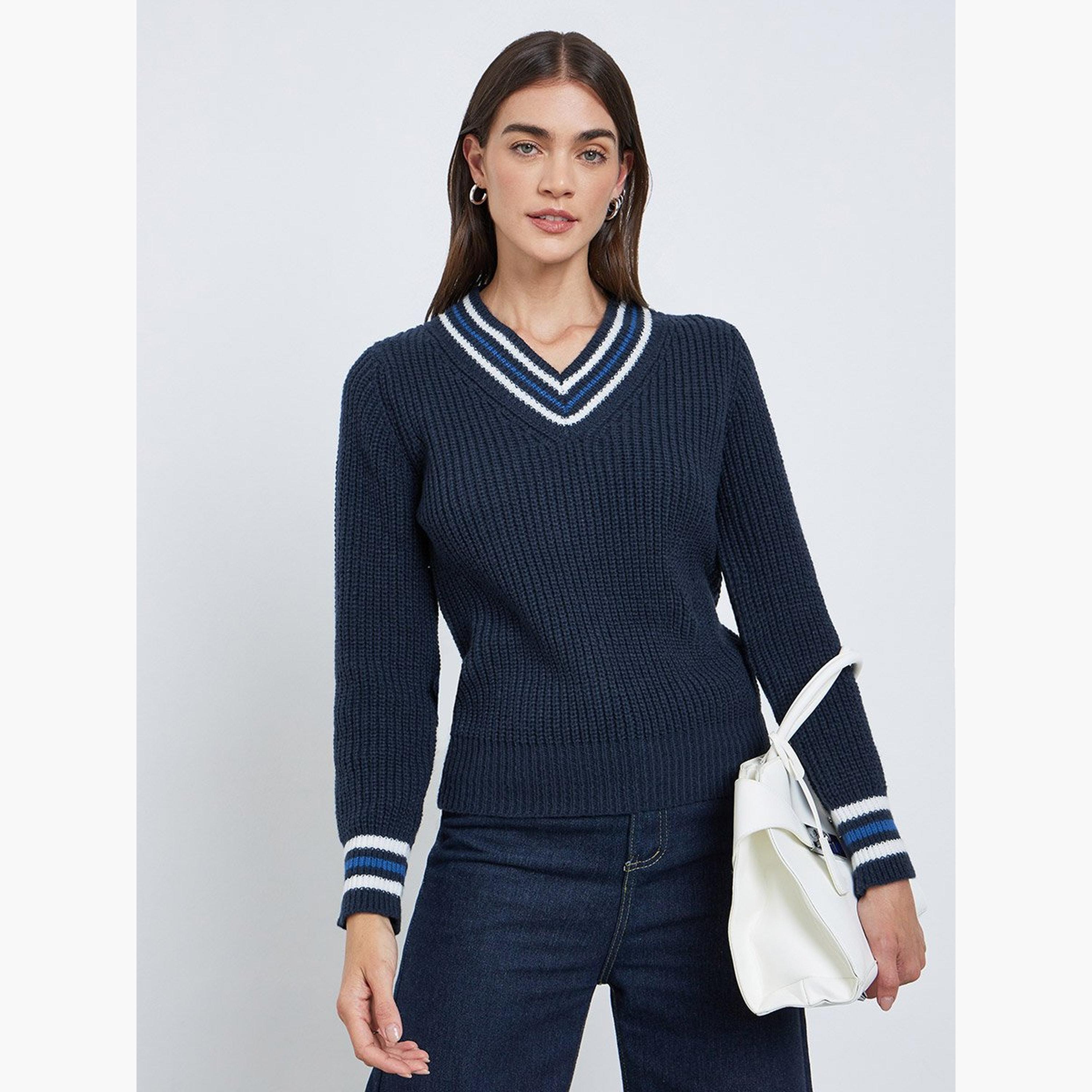 Styli Navy Blue V-Neck Knitted Striped Sweater-women-winterwear-cardigansandjumpers-jumpers-image-1