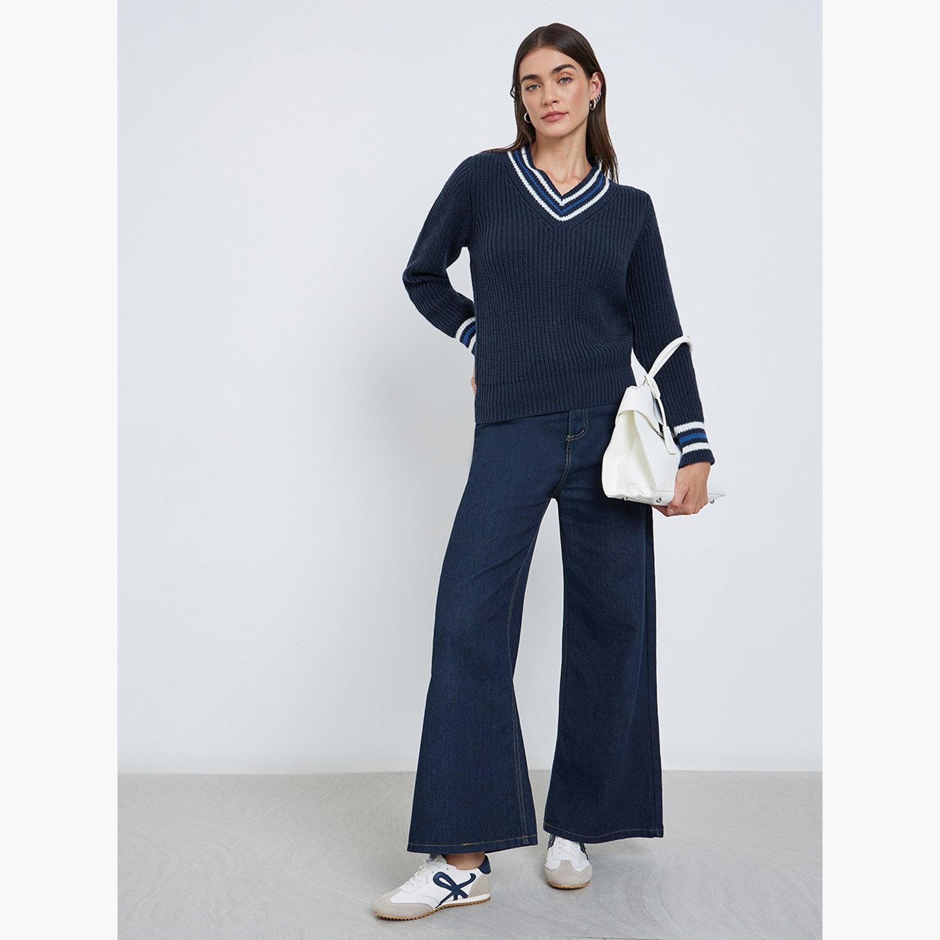 Styli Navy Blue V-Neck Knitted Striped Sweater-women-winterwear-cardigansandjumpers-jumpers-image-2