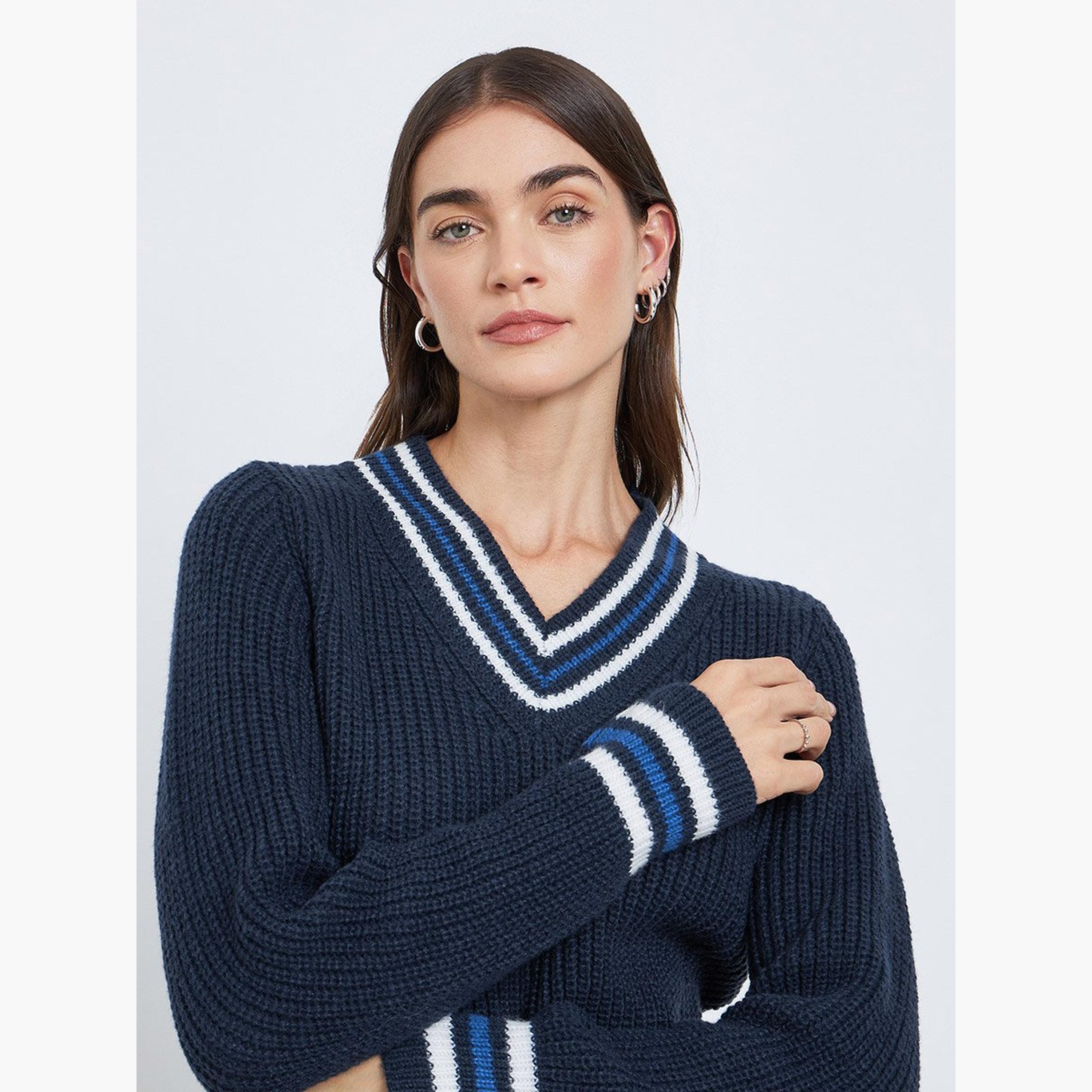 Styli Navy Blue V-Neck Knitted Striped Sweater-women-winterwear-cardigansandjumpers-jumpers-image-3