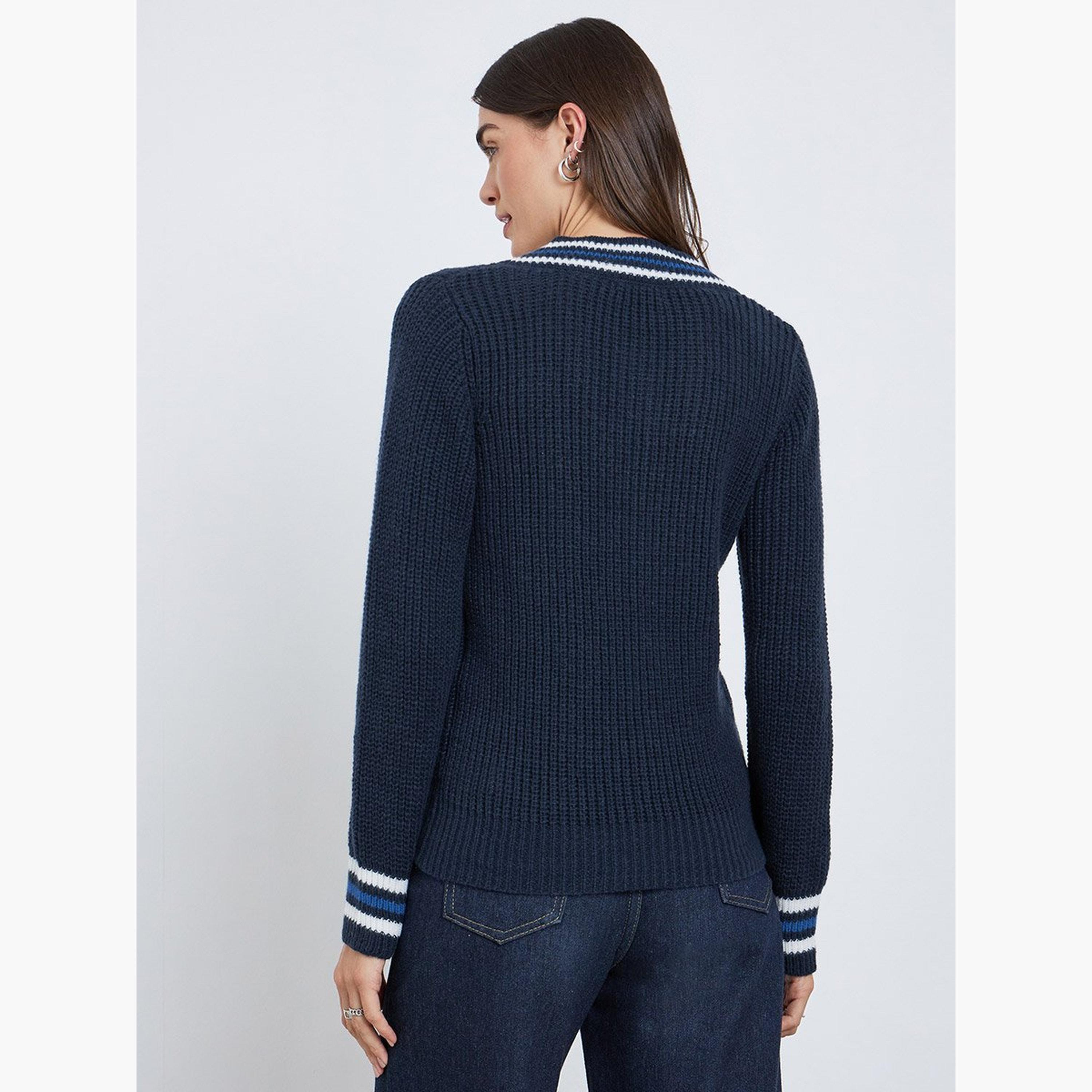 Styli Navy Blue V-Neck Knitted Striped Sweater-women-winterwear-cardigansandjumpers-jumpers-image-4
