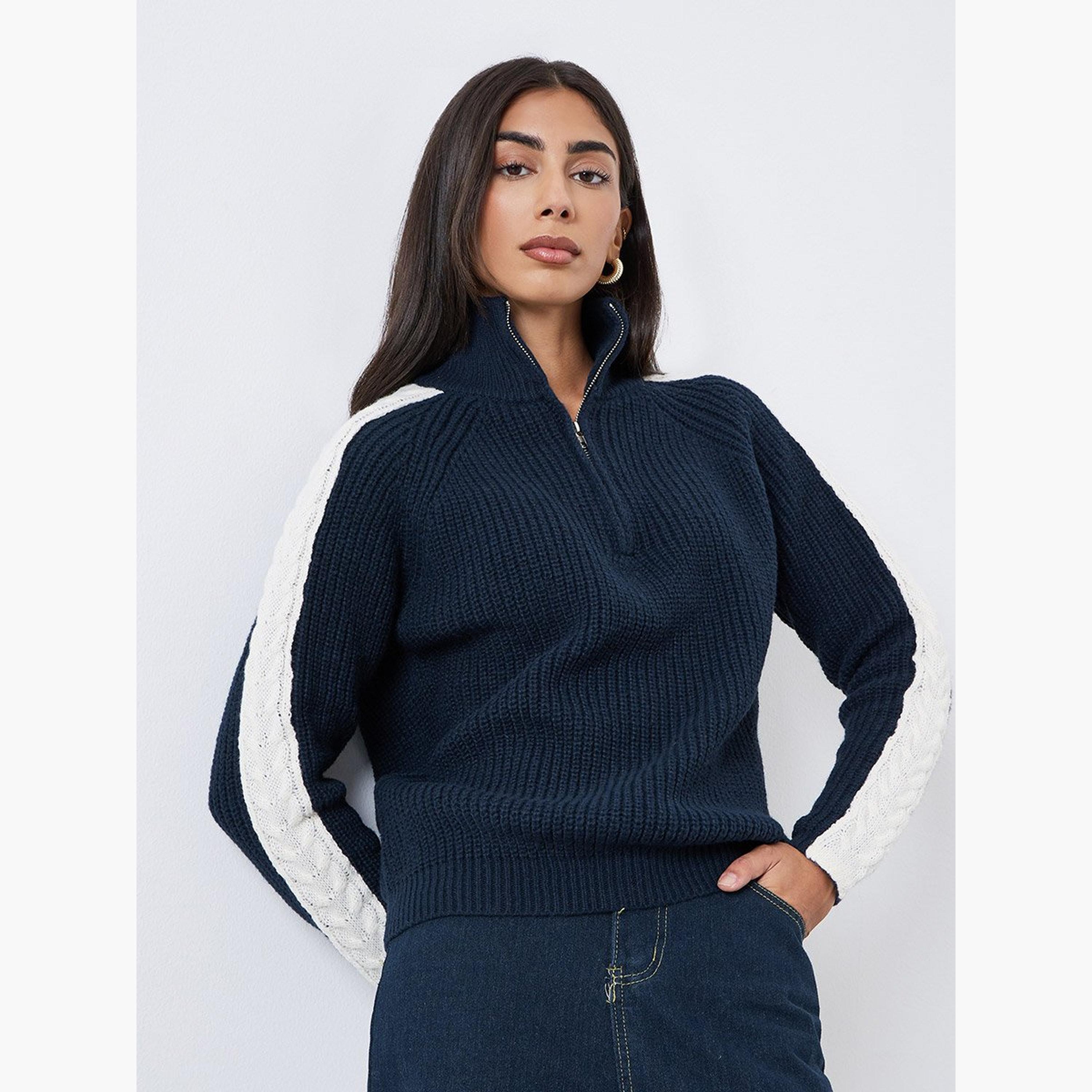 Styli Navy Blue Half-Zip Side Stripe Sweater-women-winterwear-cardigansandjumpers-jumpers-image-1