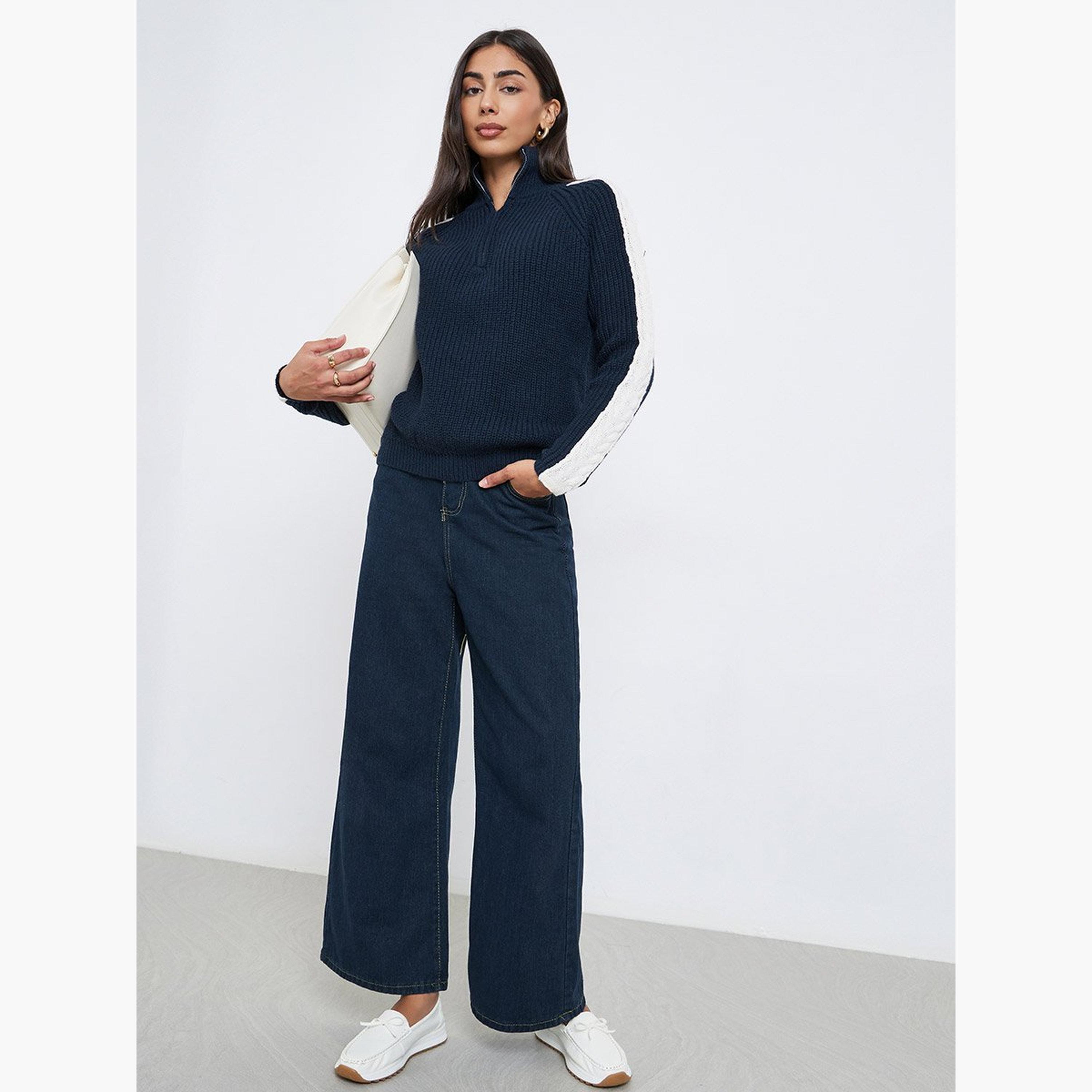 Styli Navy Blue Half-Zip Side Stripe Sweater-women-winterwear-cardigansandjumpers-jumpers-image-2