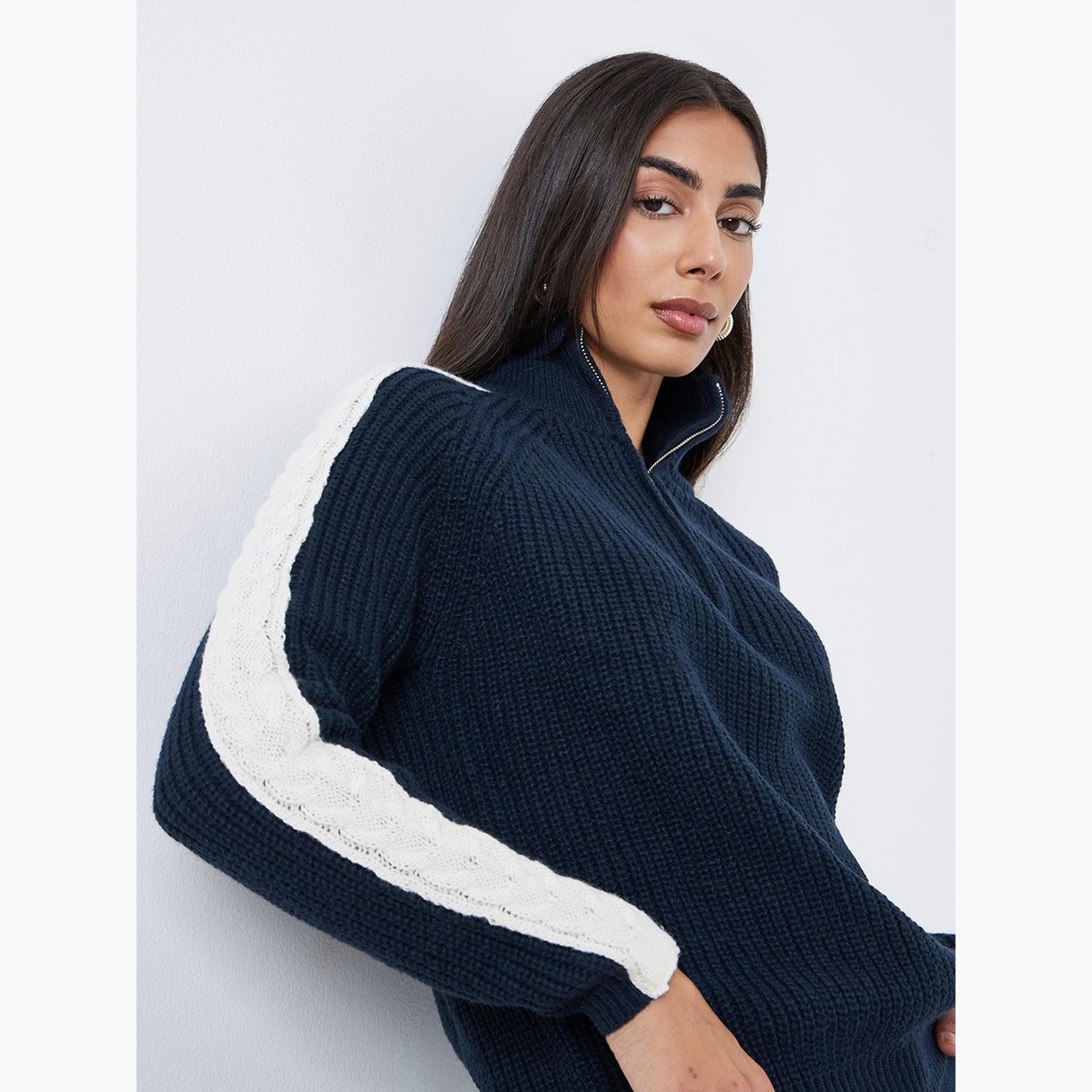 Styli Navy Blue Half-Zip Side Stripe Sweater-women-winterwear-cardigansandjumpers-jumpers-image-3