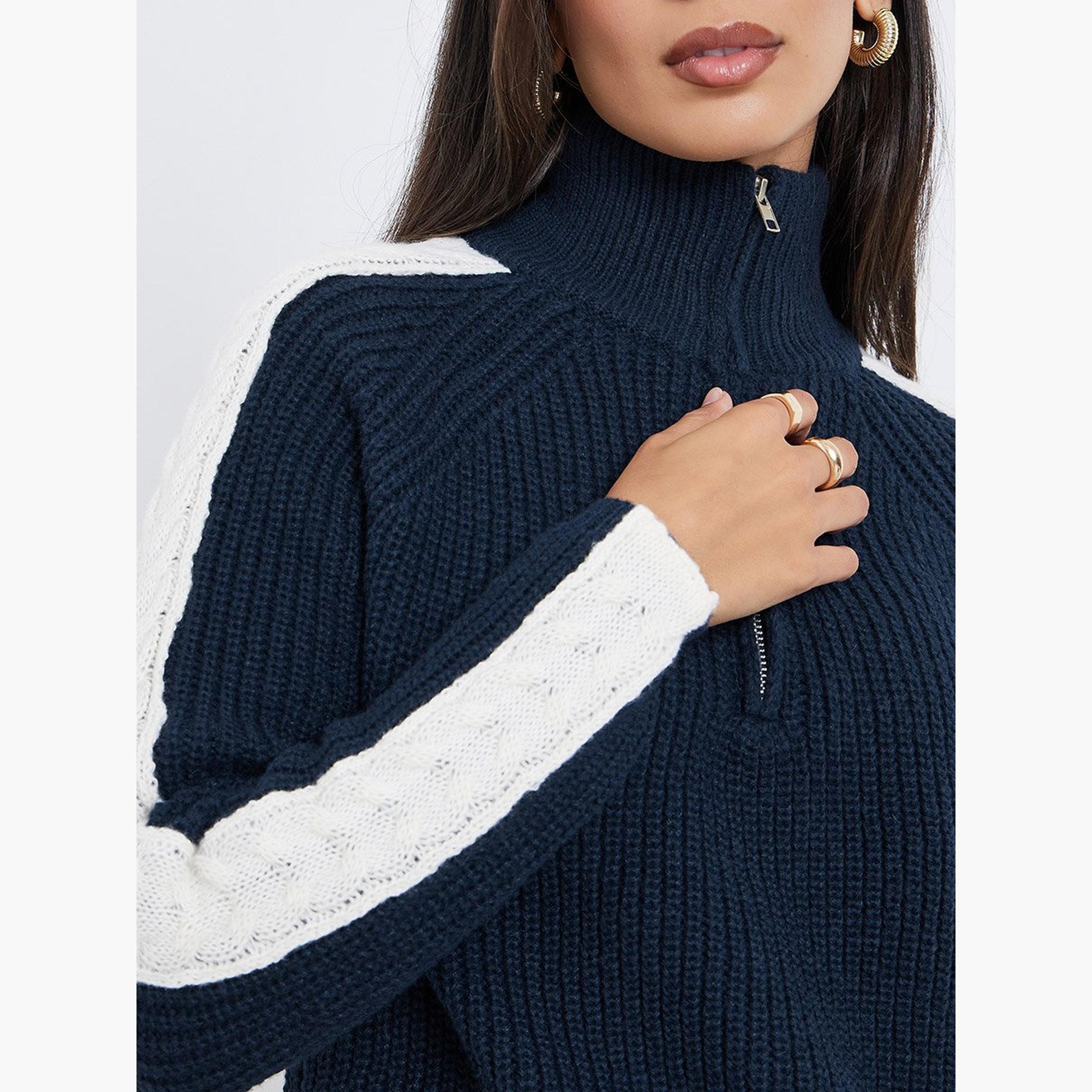 Styli Navy Blue Half-Zip Side Stripe Sweater-women-winterwear-cardigansandjumpers-jumpers-image-4