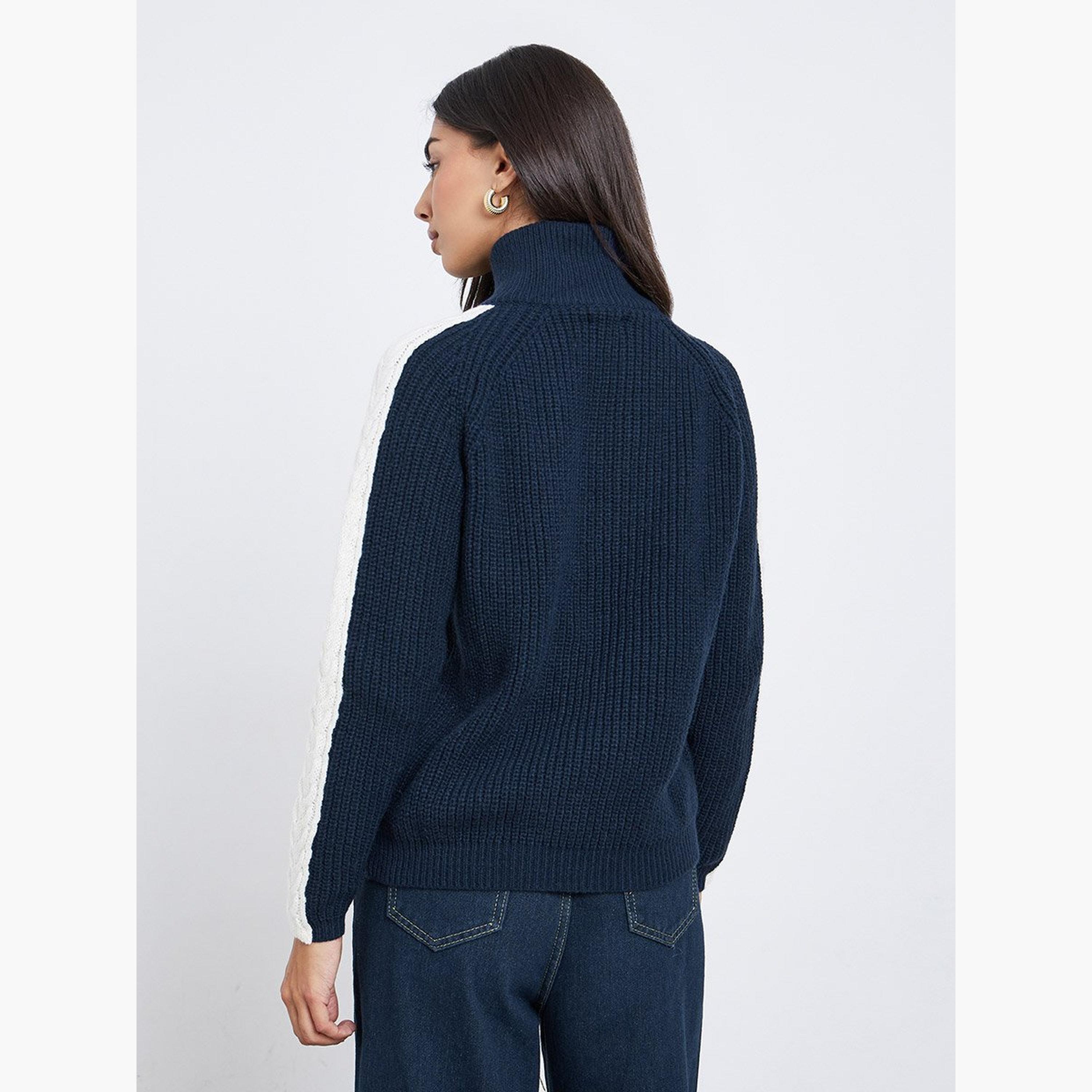 Styli Navy Blue Half-Zip Side Stripe Sweater-women-winterwear-cardigansandjumpers-jumpers-image-5