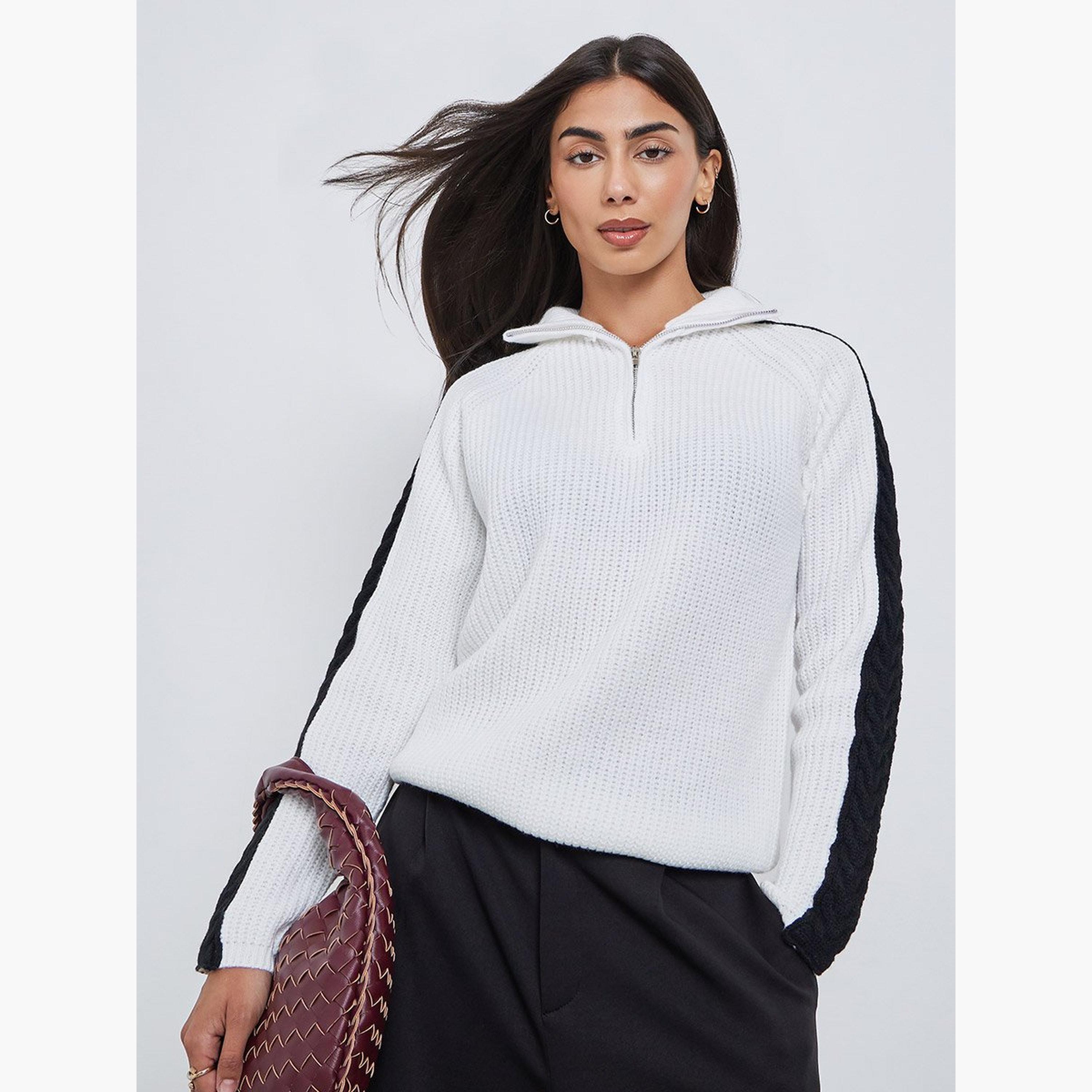 Styli Off White Half-Zip Side Stripe Sweater-women-winterwear-cardigansandjumpers-jumpers-image-1