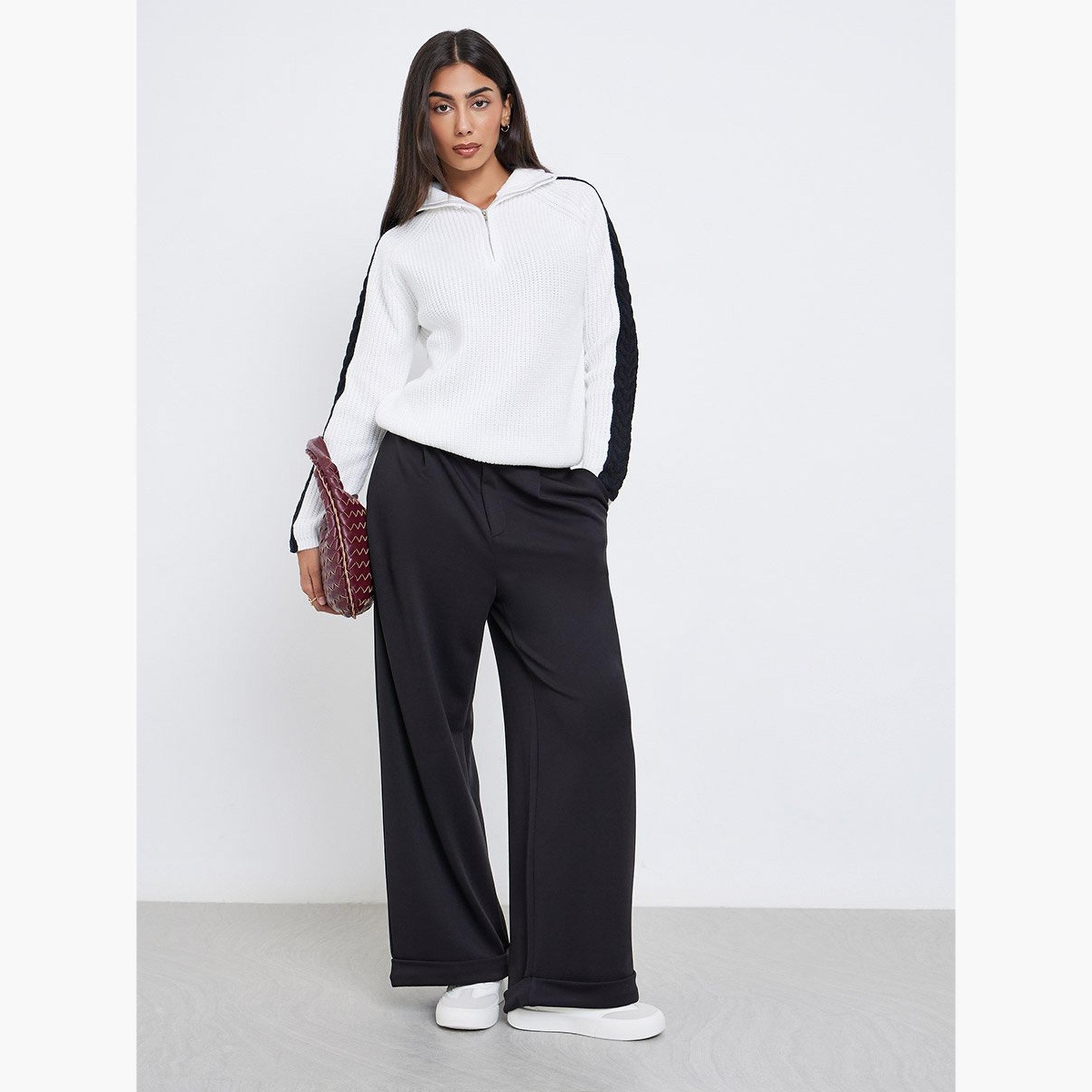 Styli Off White Half-Zip Side Stripe Sweater-women-winterwear-cardigansandjumpers-jumpers-image-2