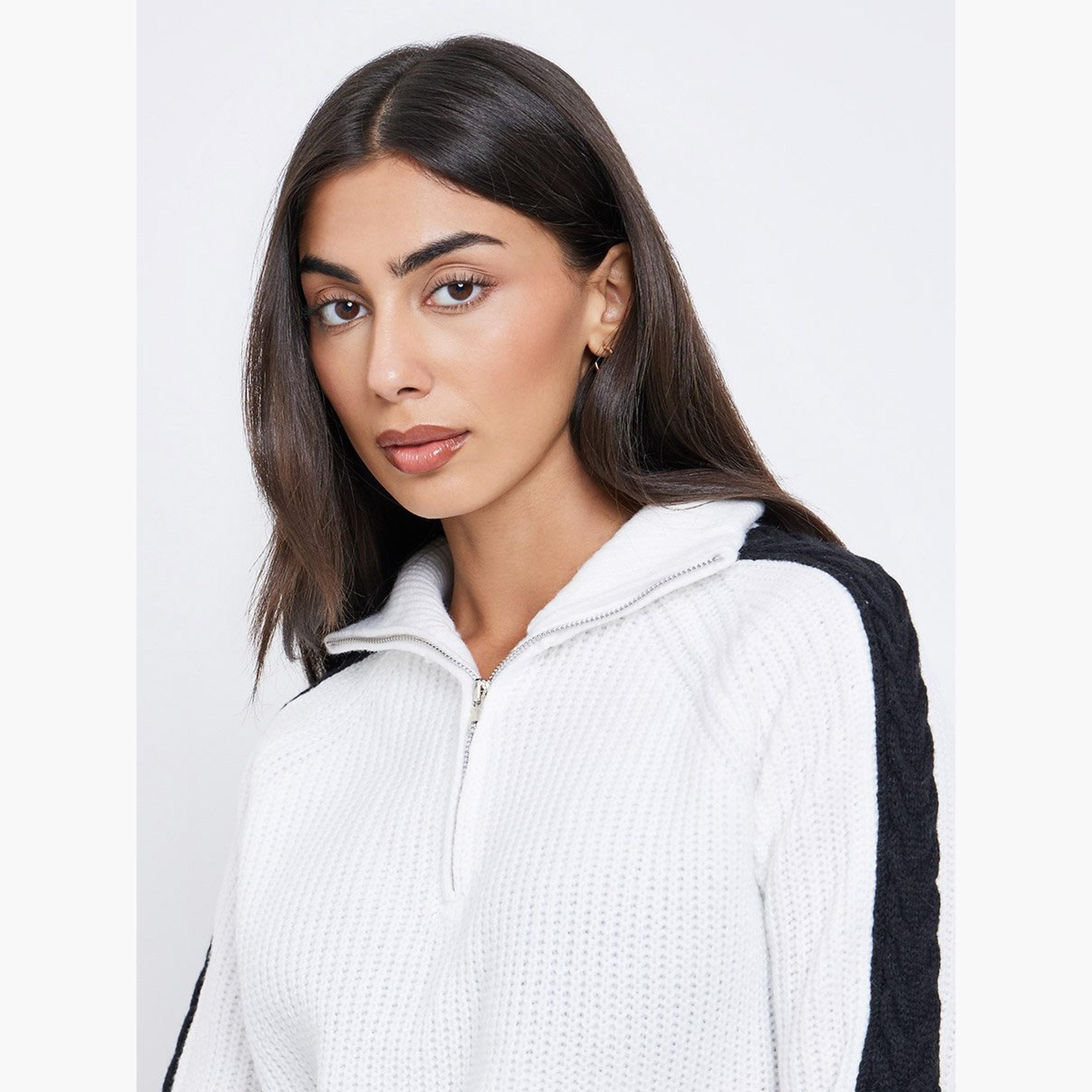 Styli Off White Half-Zip Side Stripe Sweater-women-winterwear-cardigansandjumpers-jumpers-image-3