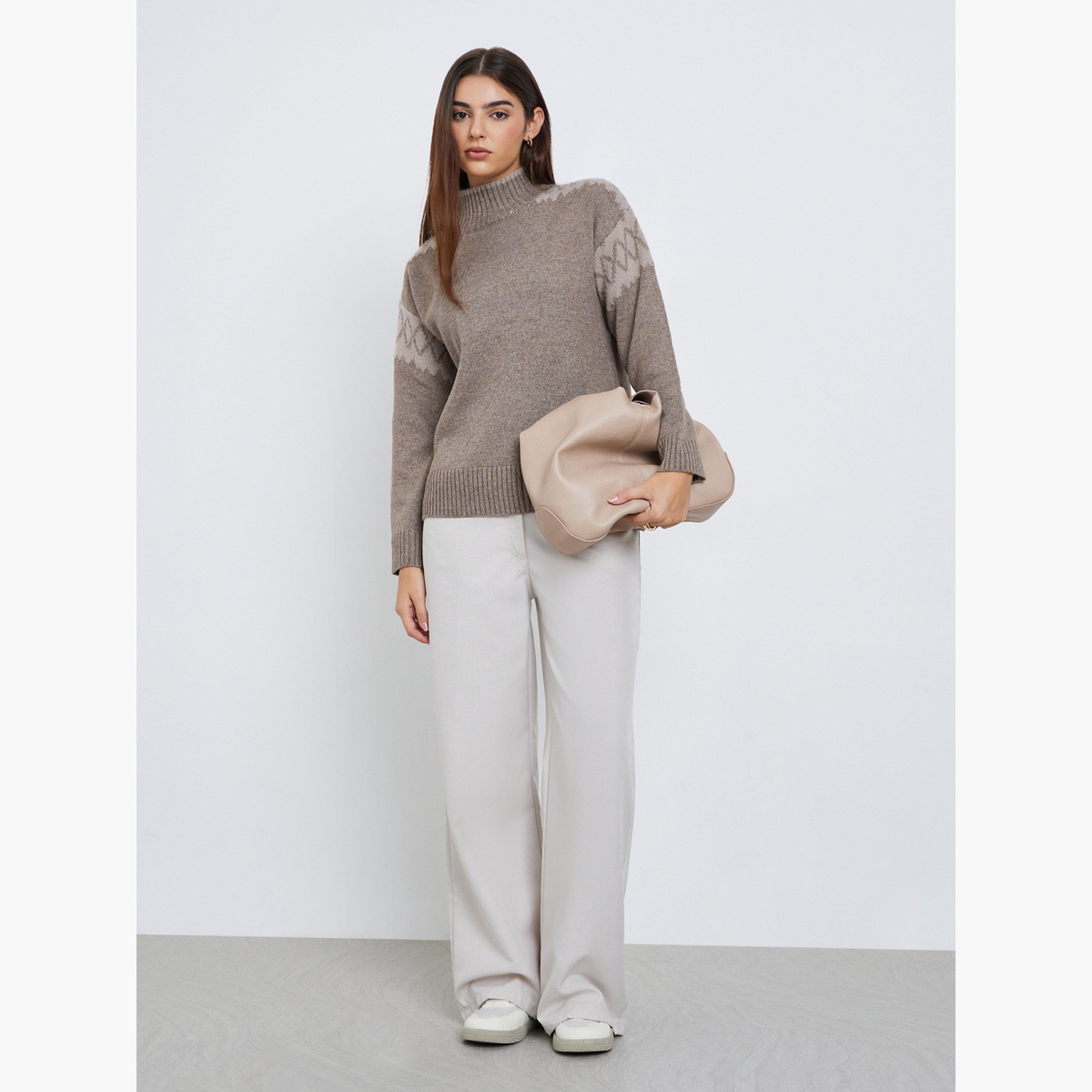 Styli Women Brown Regular Fit Fair Isle Knit Sweater-women-clothing-cardigansandjumpers-jumpers-image-2