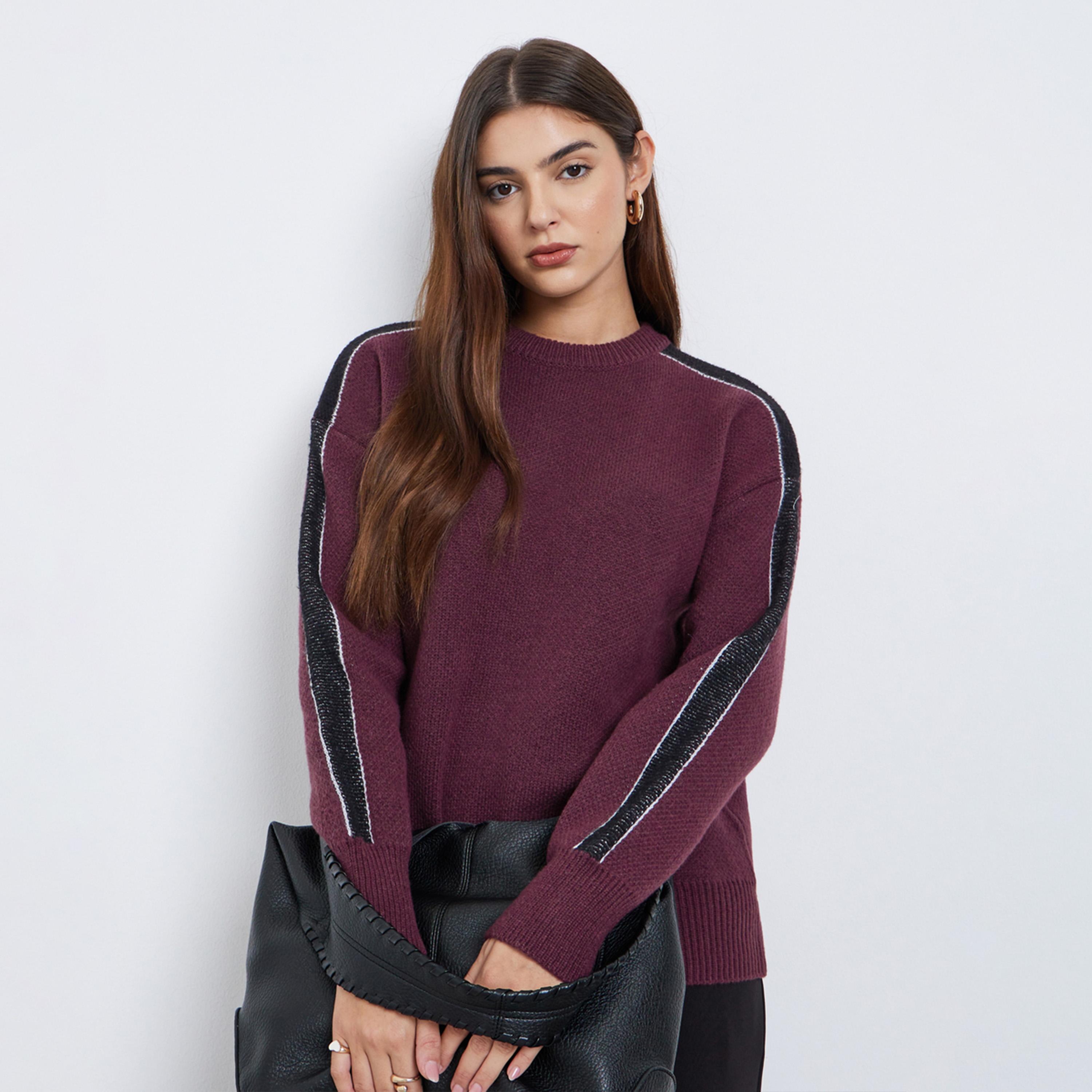 Styli Burgundy Regular Fit Sweater with Side Striped-women-winterwear-cardigansandjumpers-jumpers-image-1