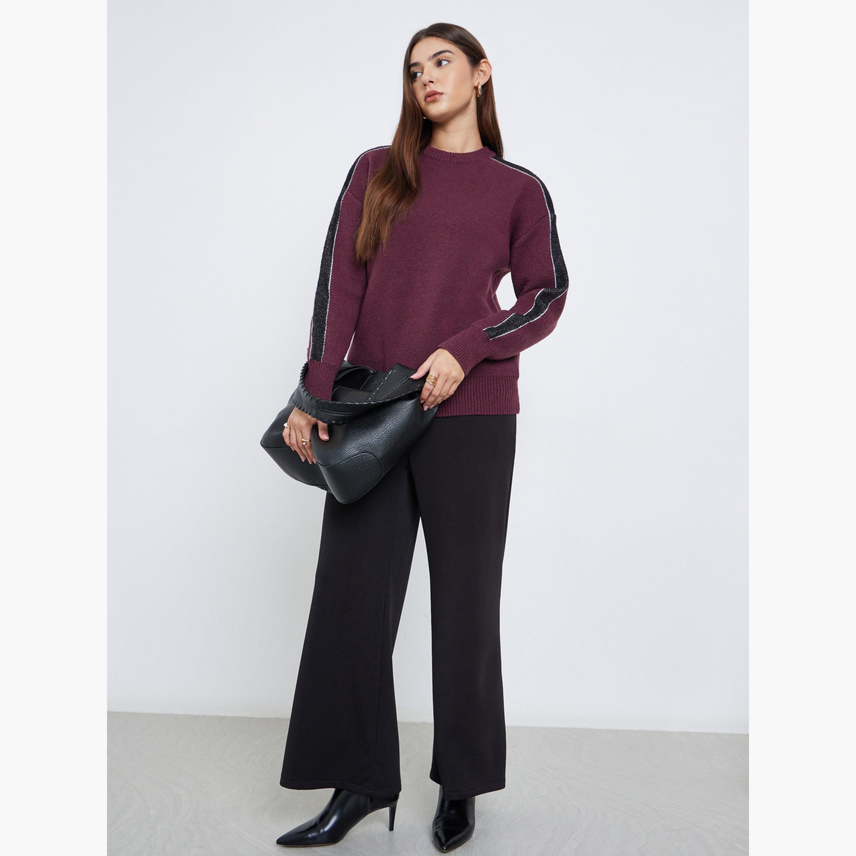 Styli Burgundy Regular Fit Sweater with Side Striped-women-winterwear-cardigansandjumpers-jumpers-image-2