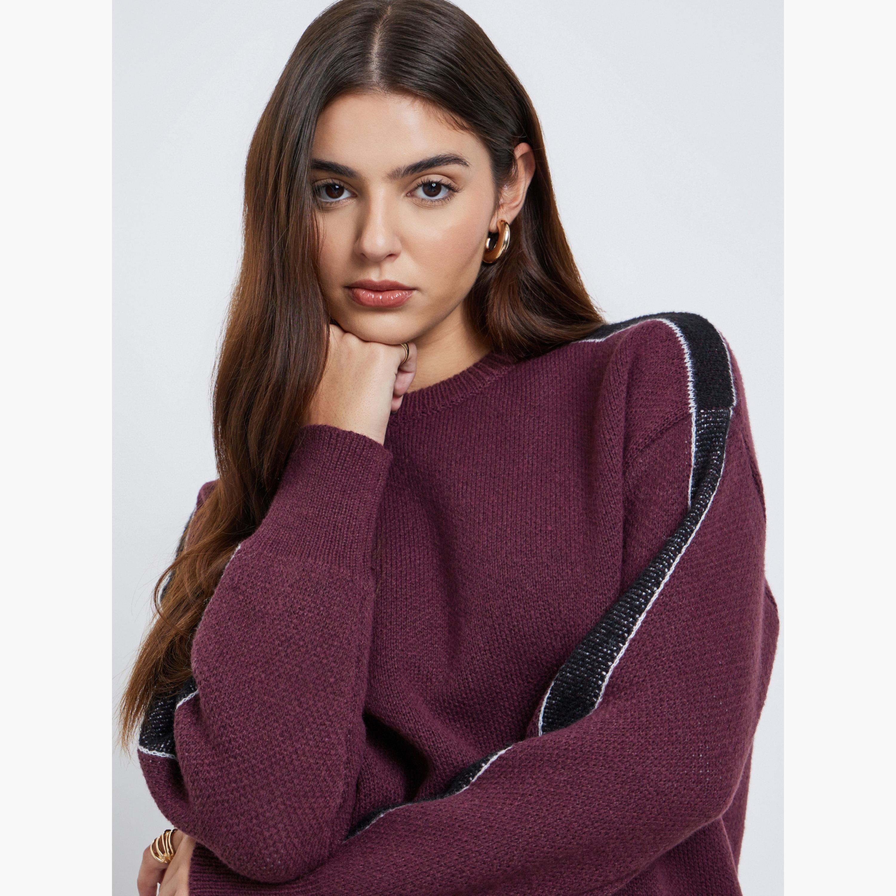 Styli Burgundy Regular Fit Sweater with Side Striped-women-winterwear-cardigansandjumpers-jumpers-image-3
