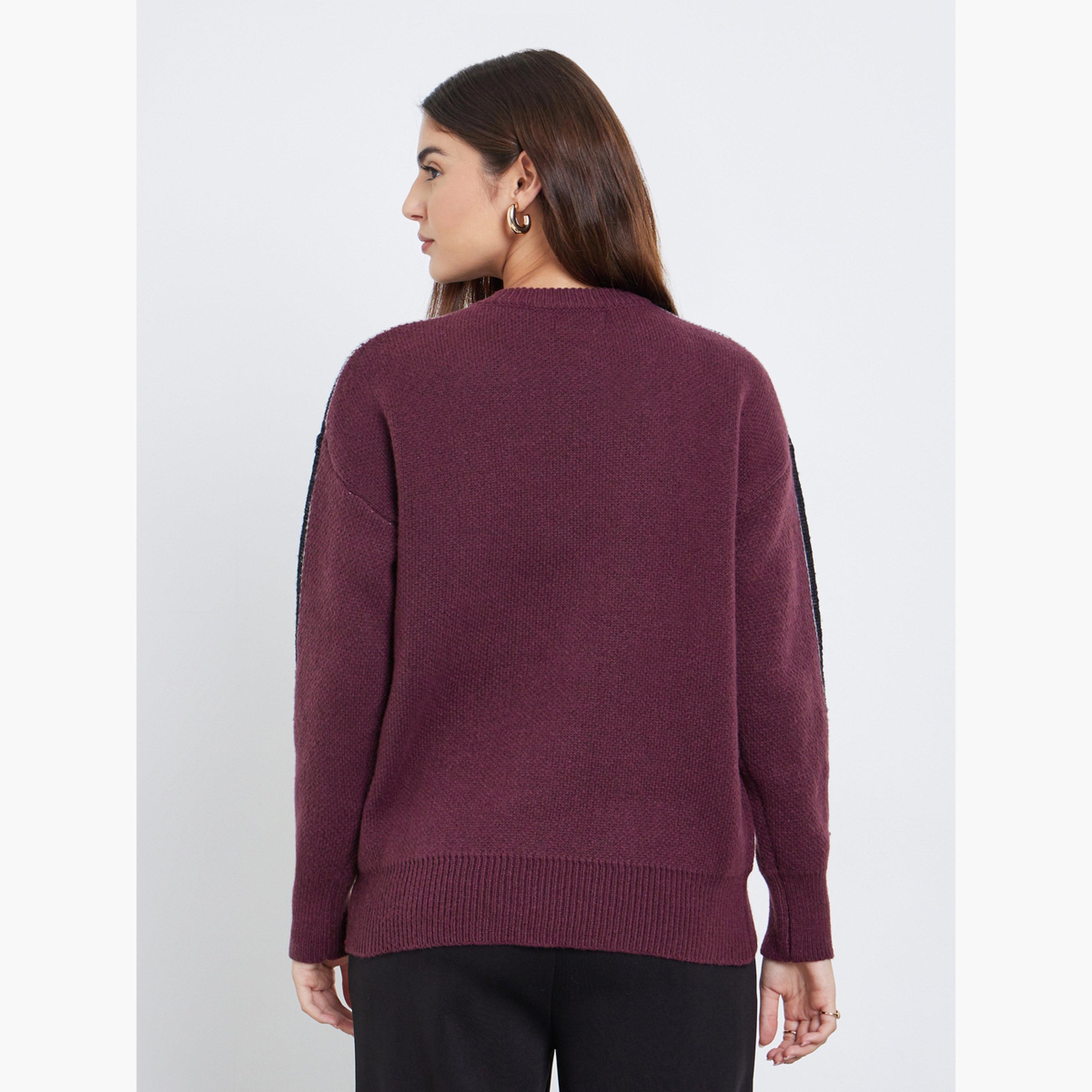 Styli Burgundy Regular Fit Sweater with Side Striped-women-winterwear-cardigansandjumpers-jumpers-image-4