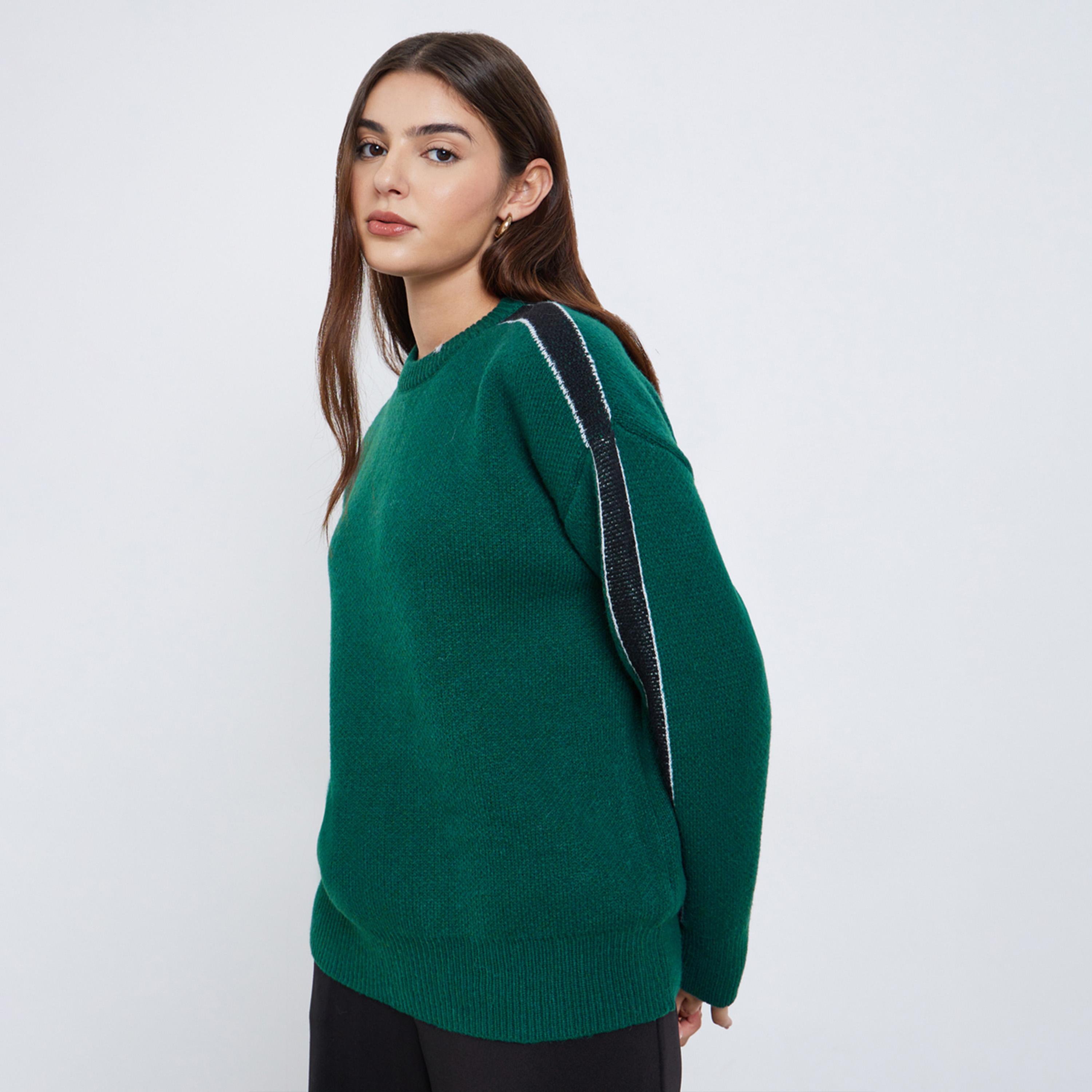 Styli Dark Green Regular Fit Sweater with Side Striped-women-winterwear-cardigansandjumpers-jumpers-image-1