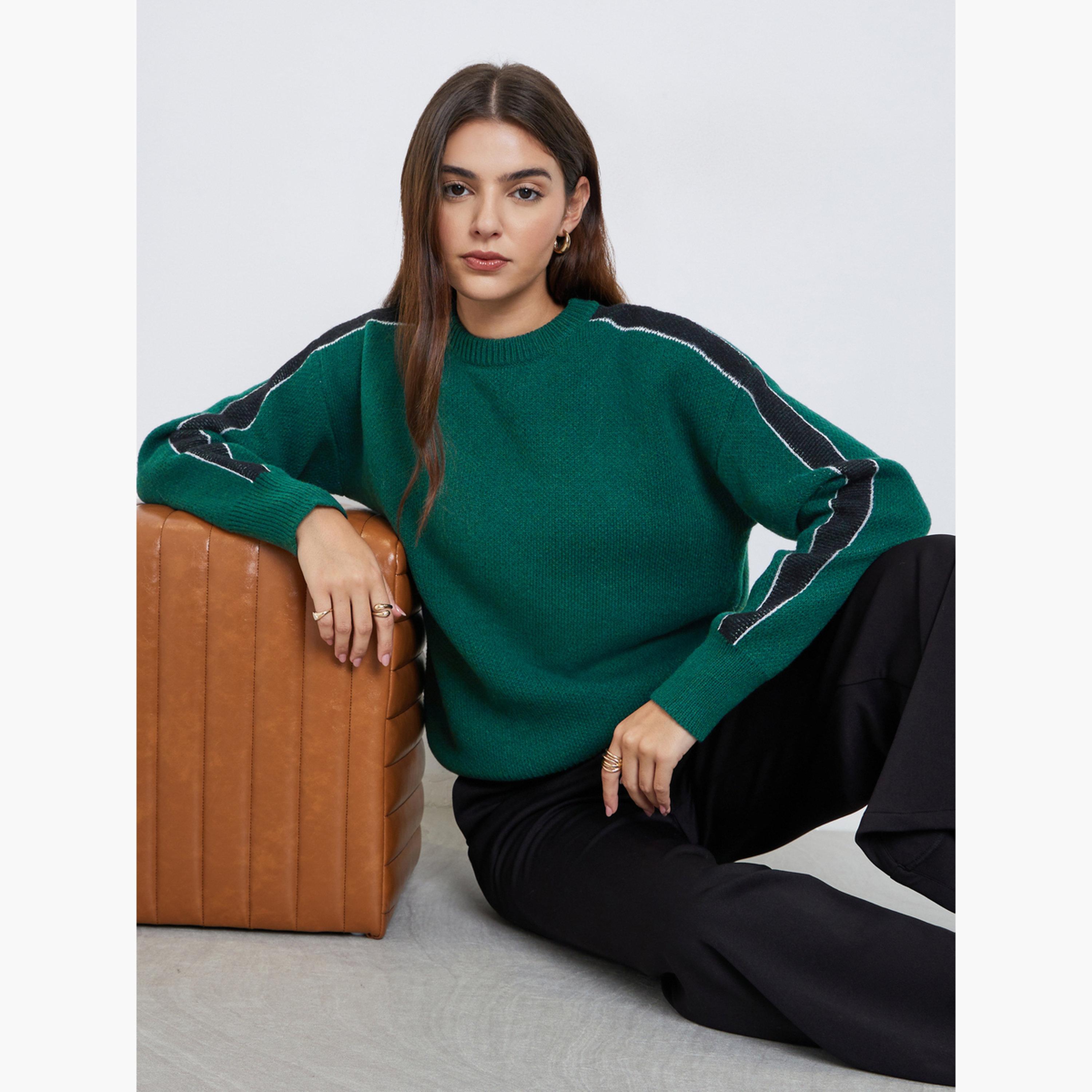 Styli Dark Green Regular Fit Sweater with Side Striped-women-winterwear-cardigansandjumpers-jumpers-image-3