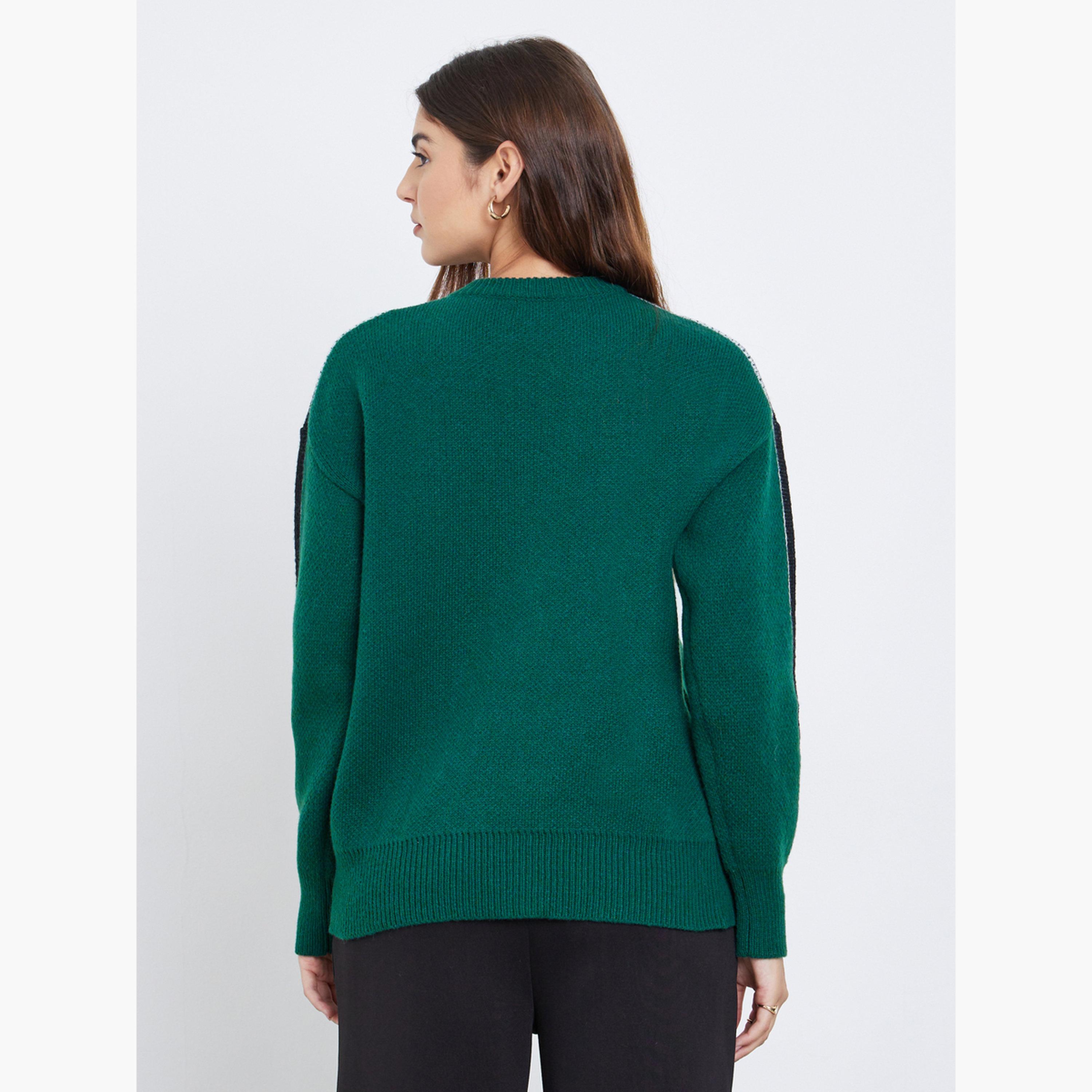 Styli Dark Green Regular Fit Sweater with Side Striped-women-winterwear-cardigansandjumpers-jumpers-image-5