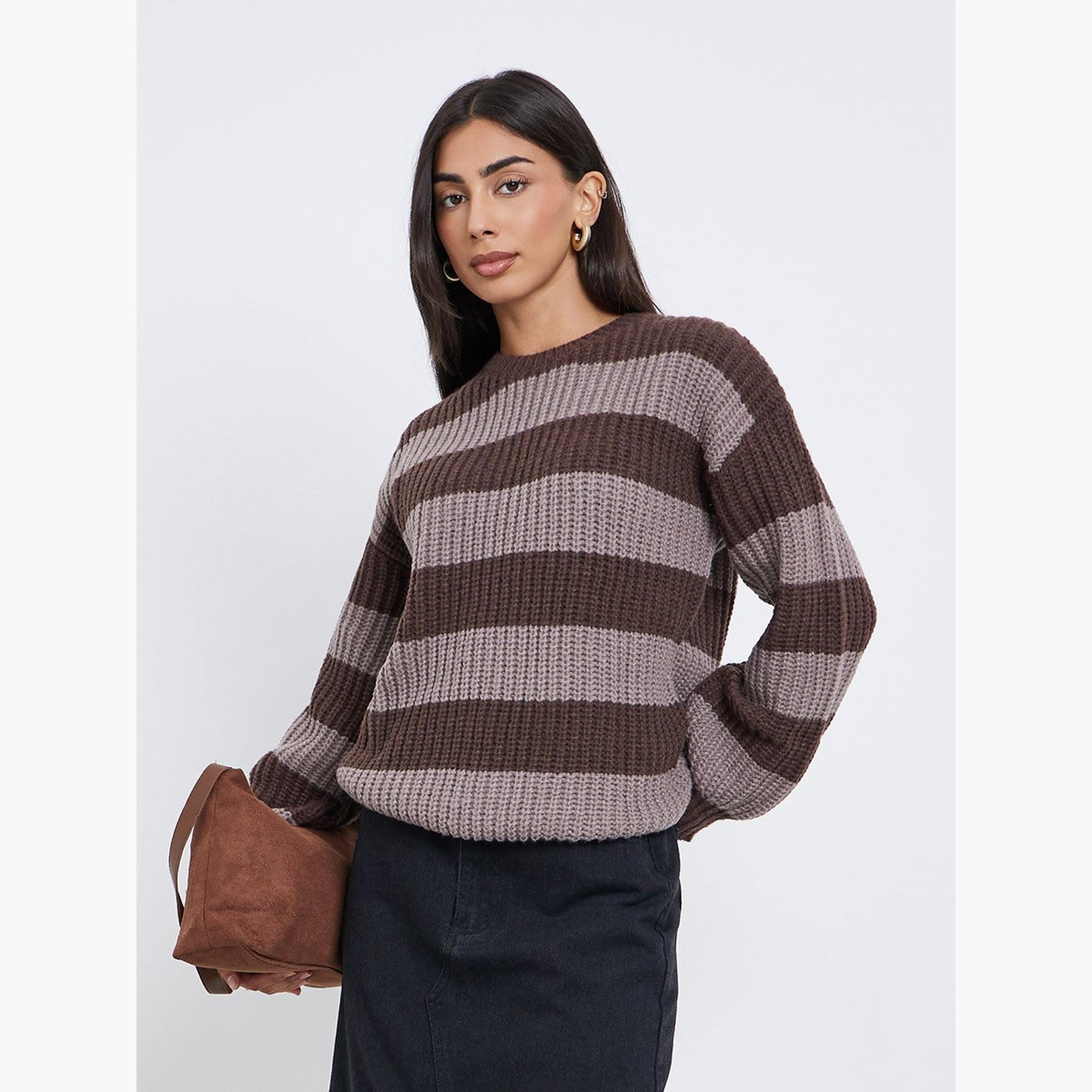 Styli Brown Striped Oversized Sweater-women-winterwear-cardigansandjumpers-jumpers-image-1