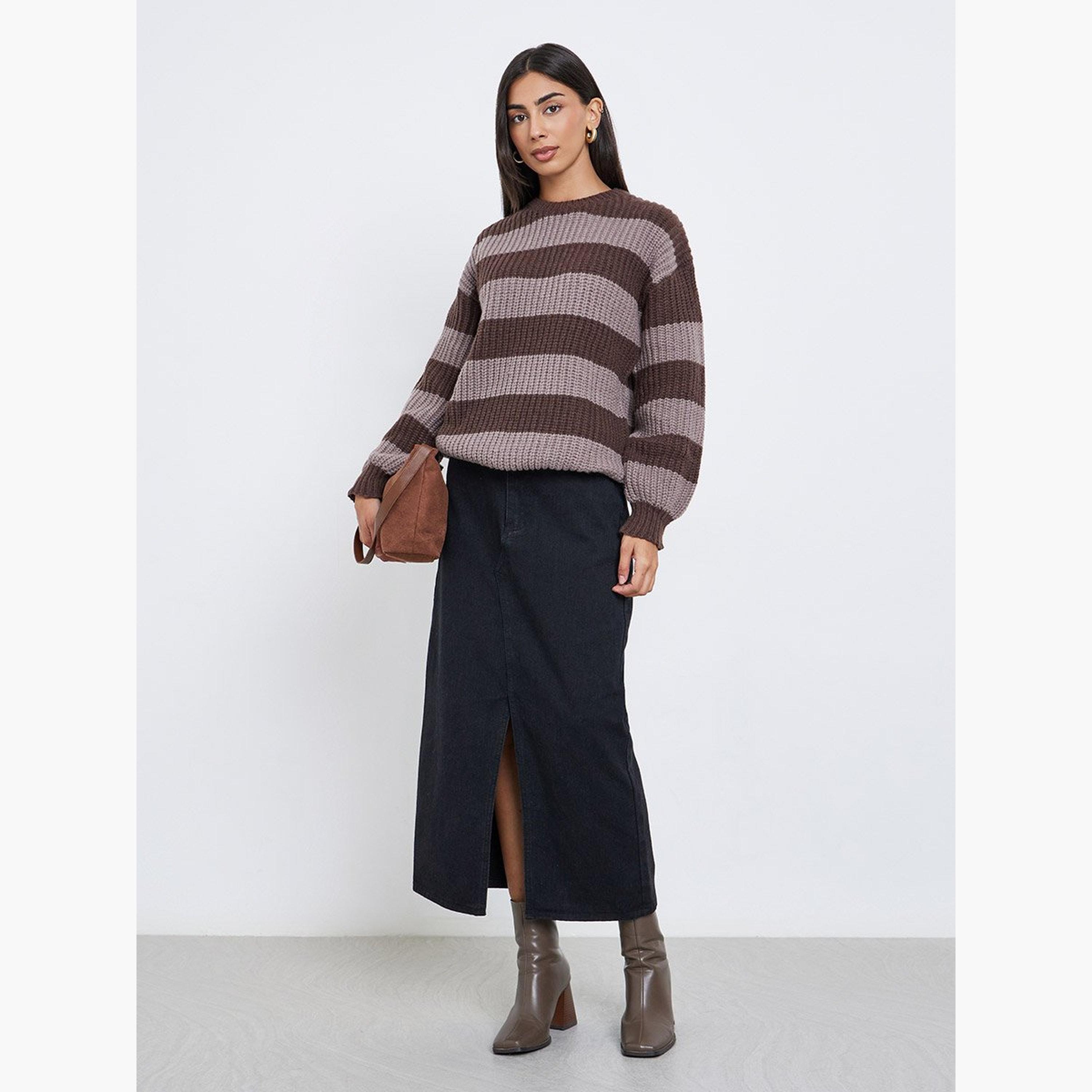 Styli Brown Striped Oversized Sweater-women-winterwear-cardigansandjumpers-jumpers-image-2