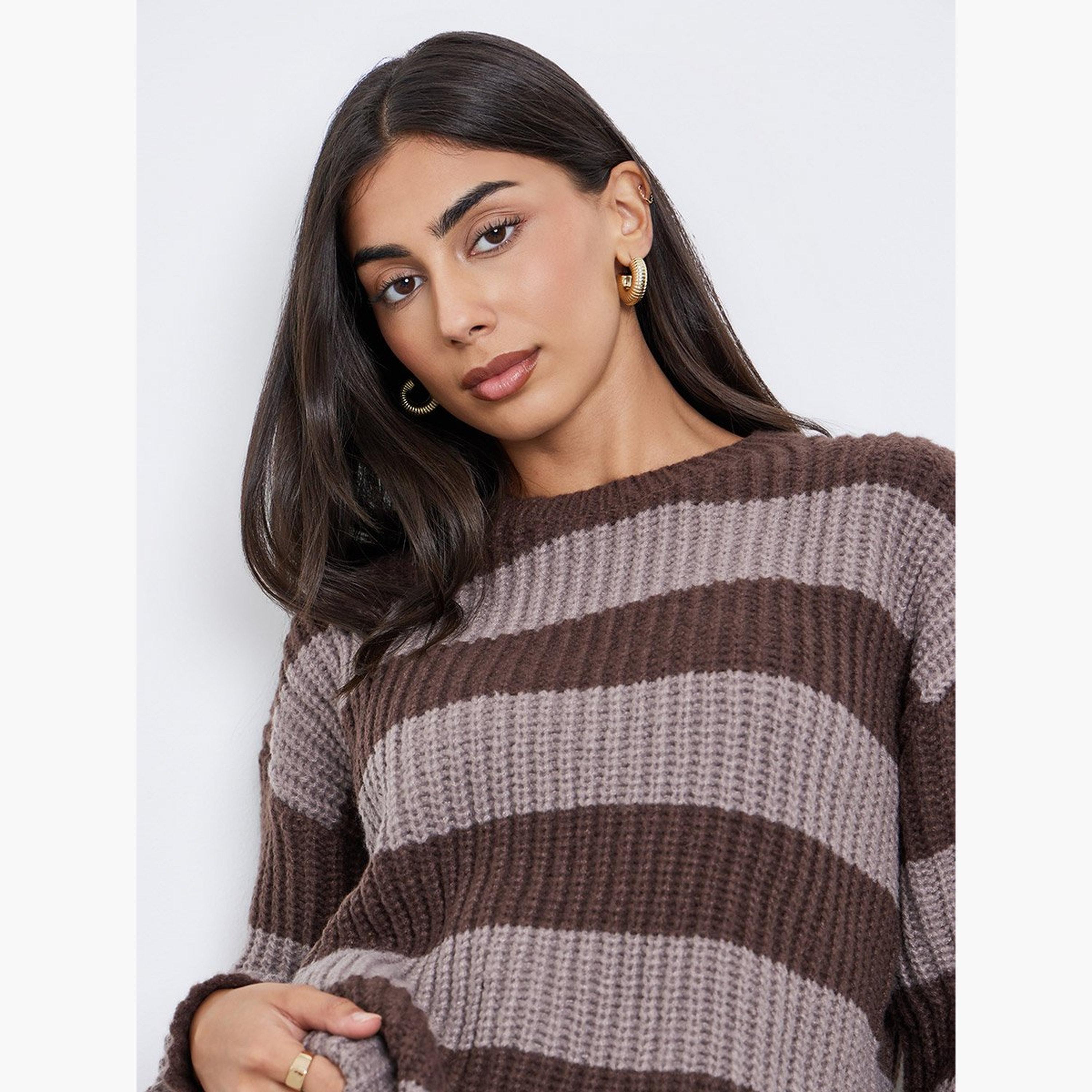 Styli Brown Striped Oversized Sweater-women-winterwear-cardigansandjumpers-jumpers-image-3