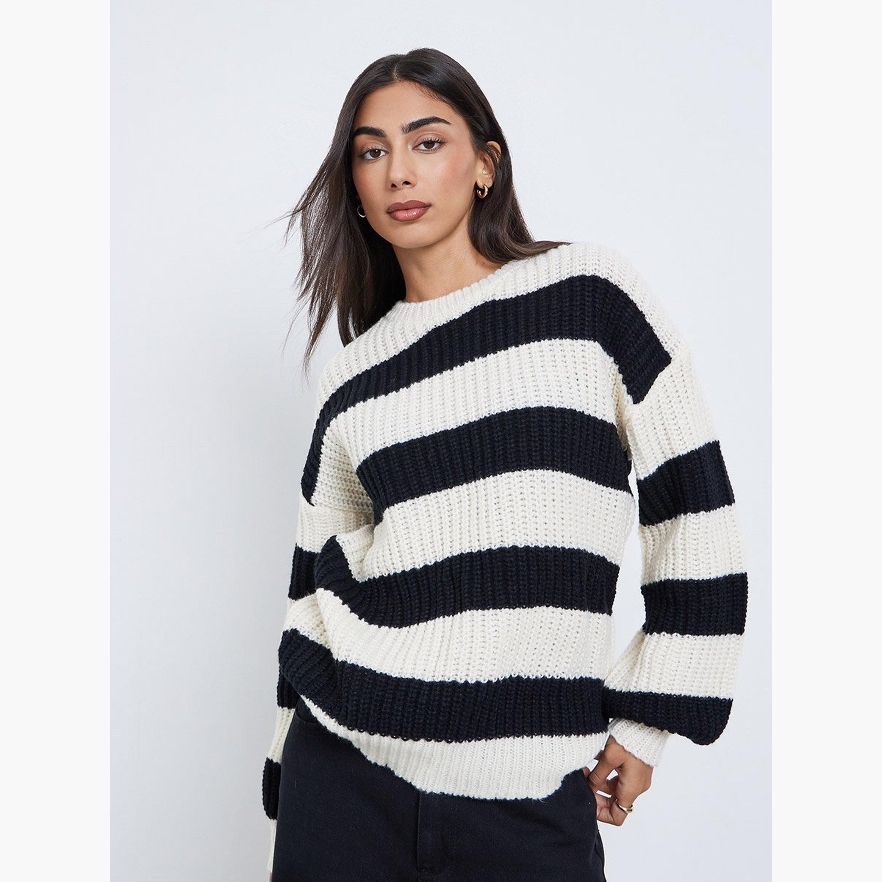 Styli Off-White Striped Oversized Sweater-women-winterwear-cardigansandjumpers-jumpers-image-1