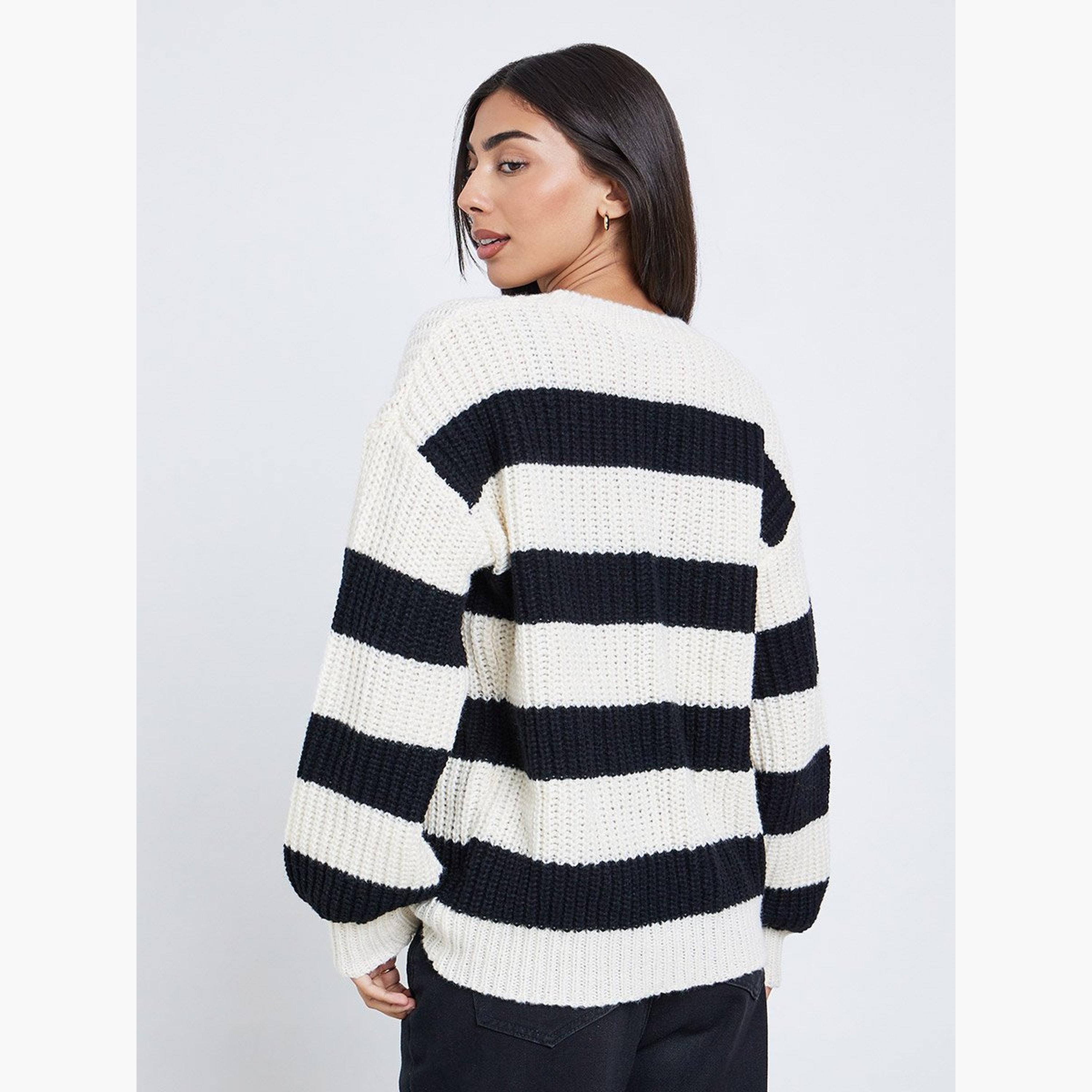 Styli Off-White Striped Oversized Sweater-women-winterwear-cardigansandjumpers-jumpers-image-5