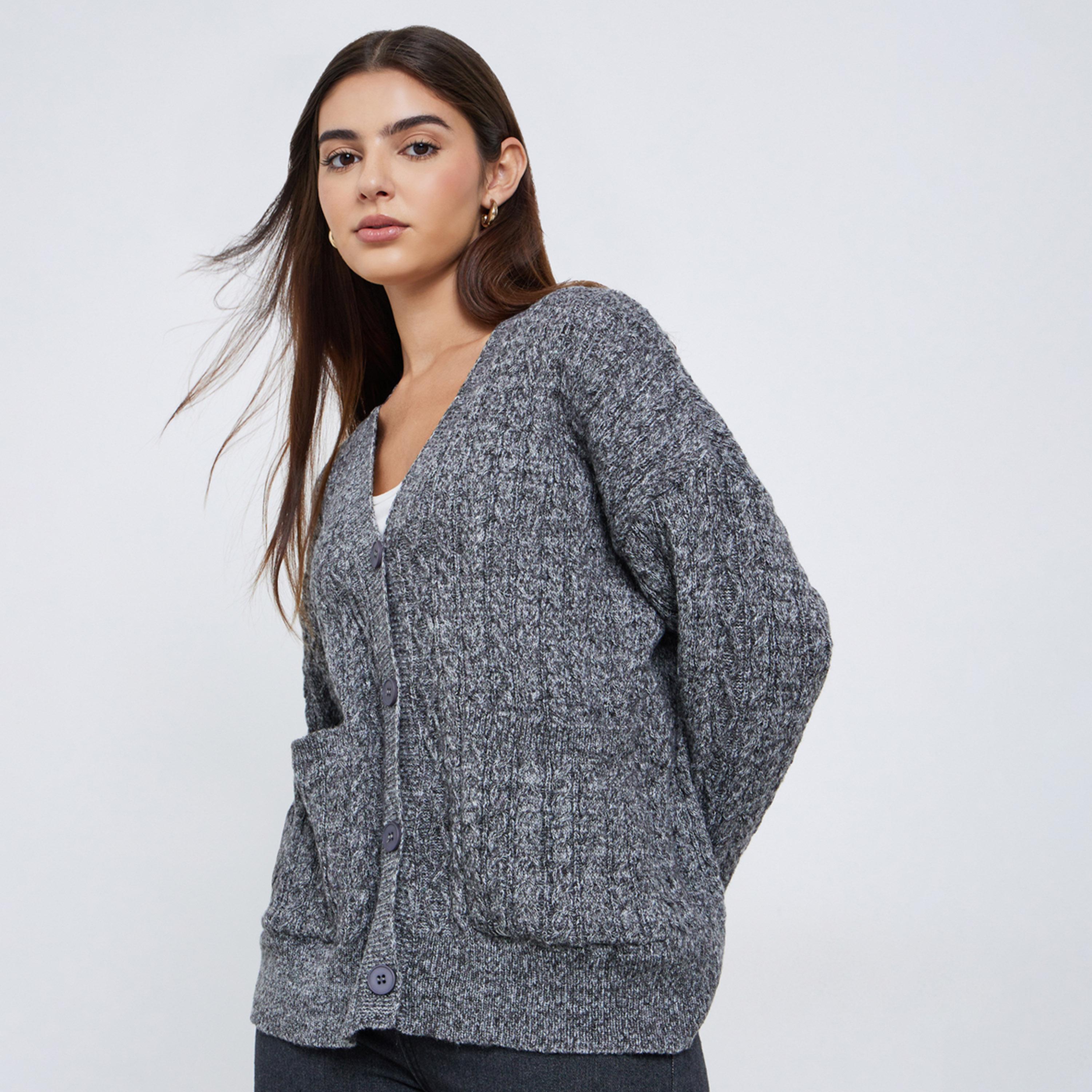 Styli Charcoal Oversized Cable Knit Cardigan-women-winterwear-cardigansandjumpers-jumpers-image-1