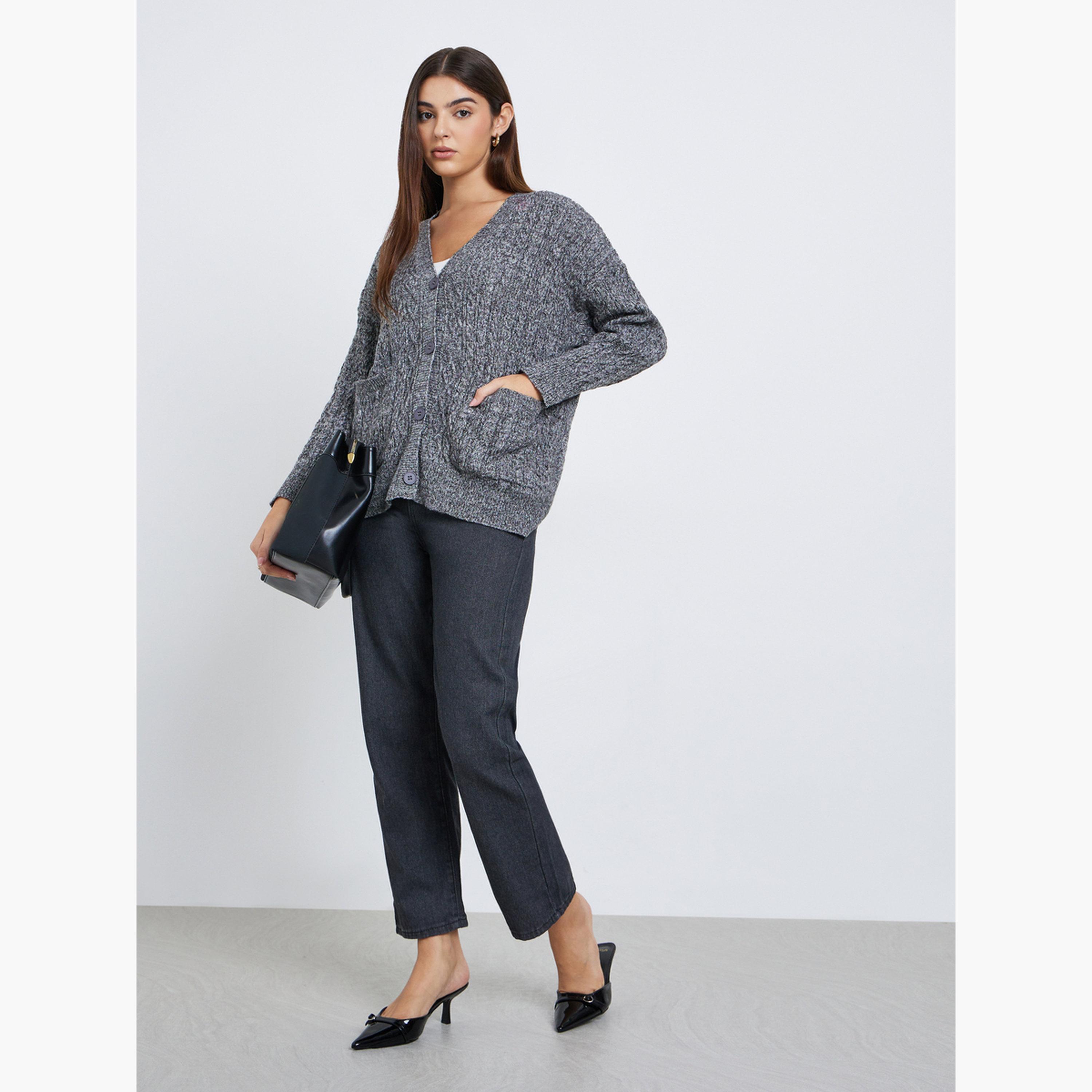 Styli Charcoal Oversized Cable Knit Cardigan-women-winterwear-cardigansandjumpers-jumpers-image-2