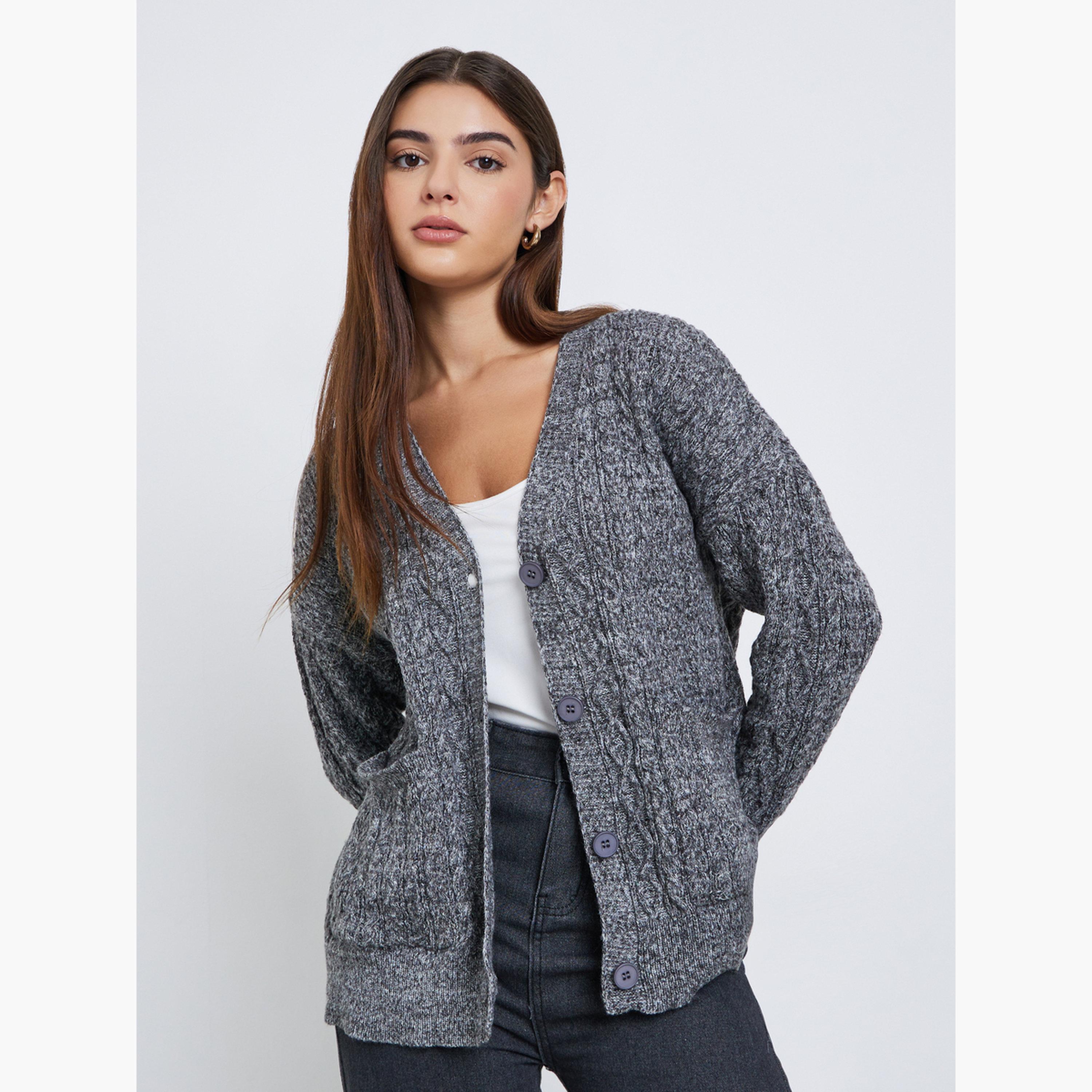 Styli Charcoal Oversized Cable Knit Cardigan-women-winterwear-cardigansandjumpers-jumpers-image-4