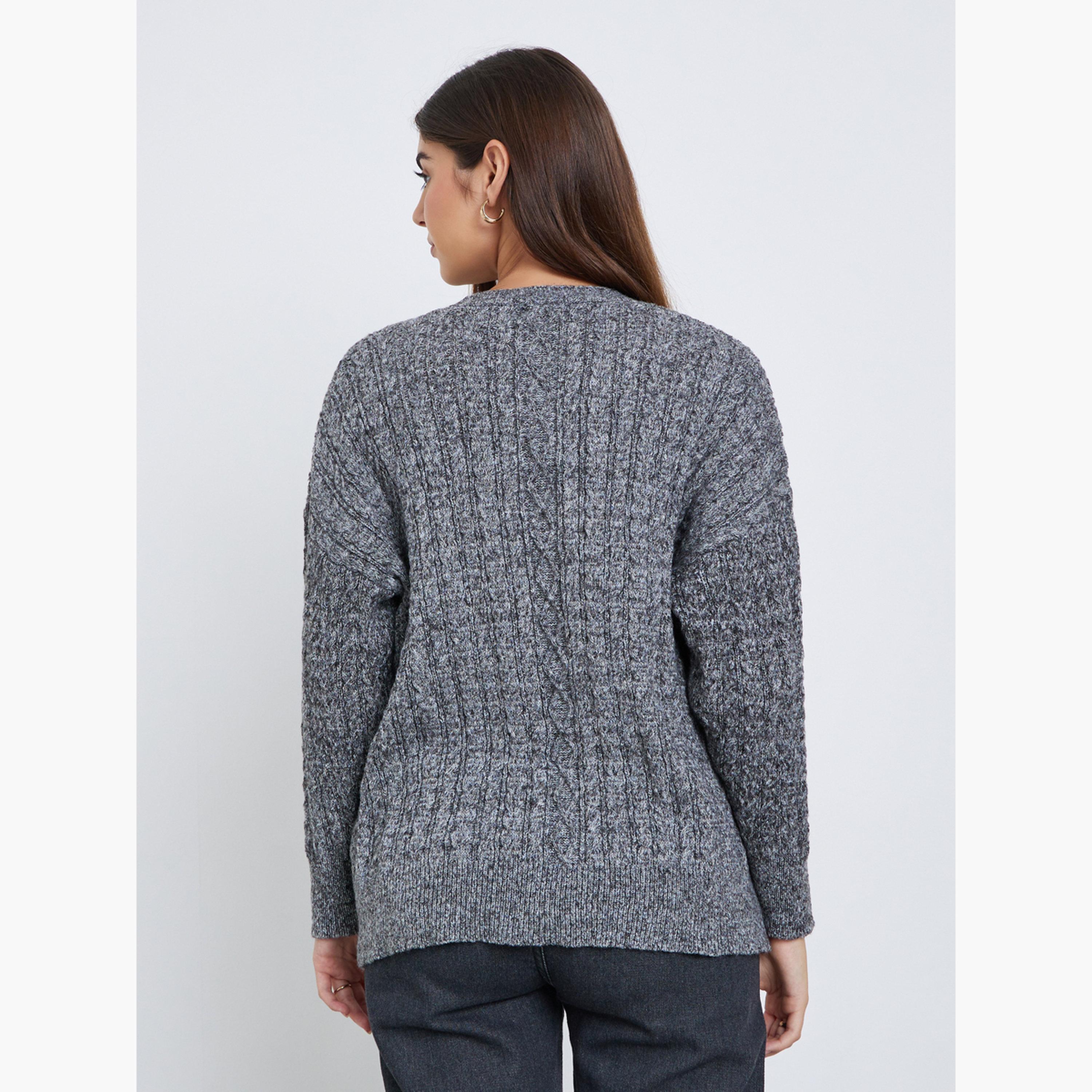 Styli Charcoal Oversized Cable Knit Cardigan-women-winterwear-cardigansandjumpers-jumpers-image-5