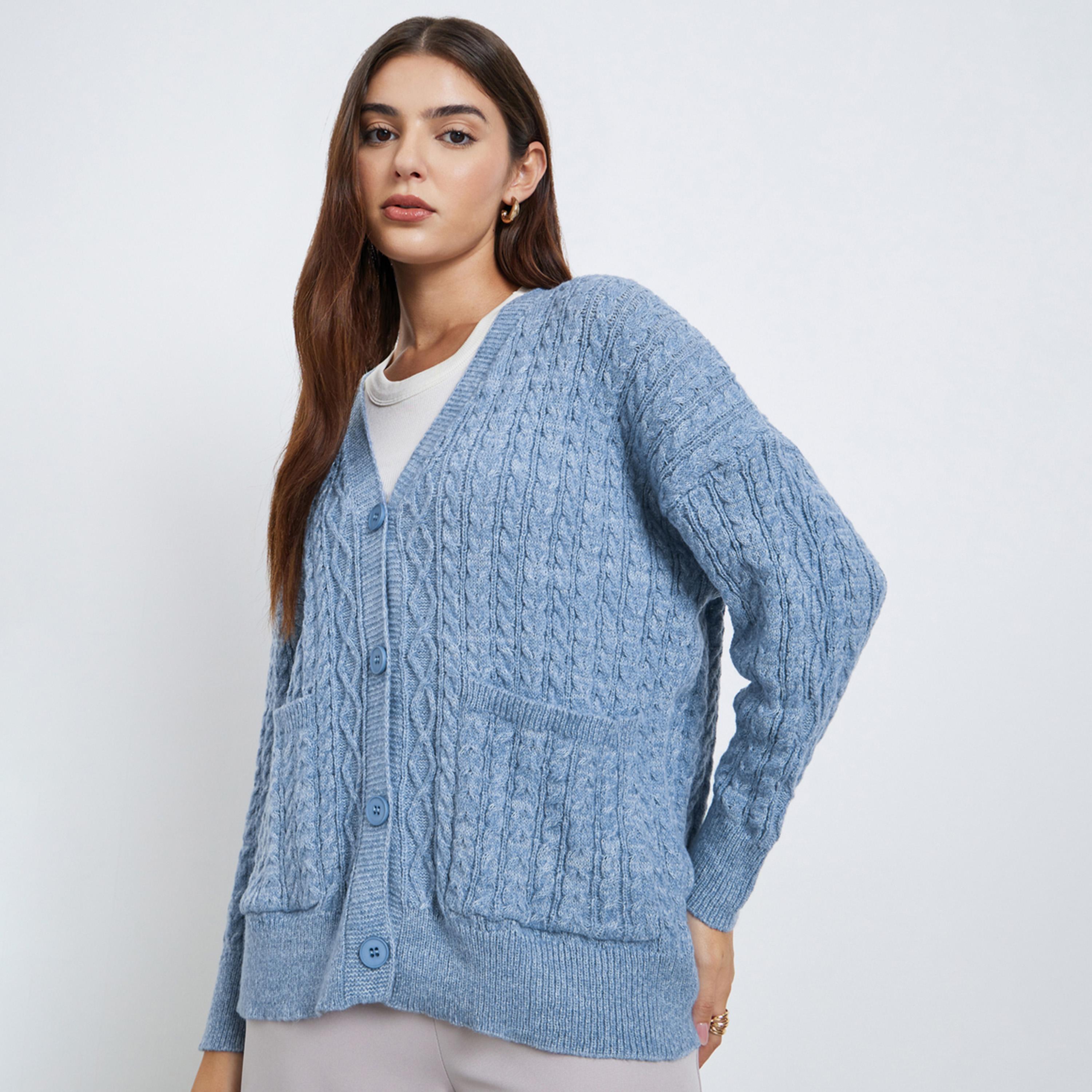 Styli Medium Blue Oversized Cable Knit Cardigan-women-winterwear-cardigansandjumpers-jumpers-image-1
