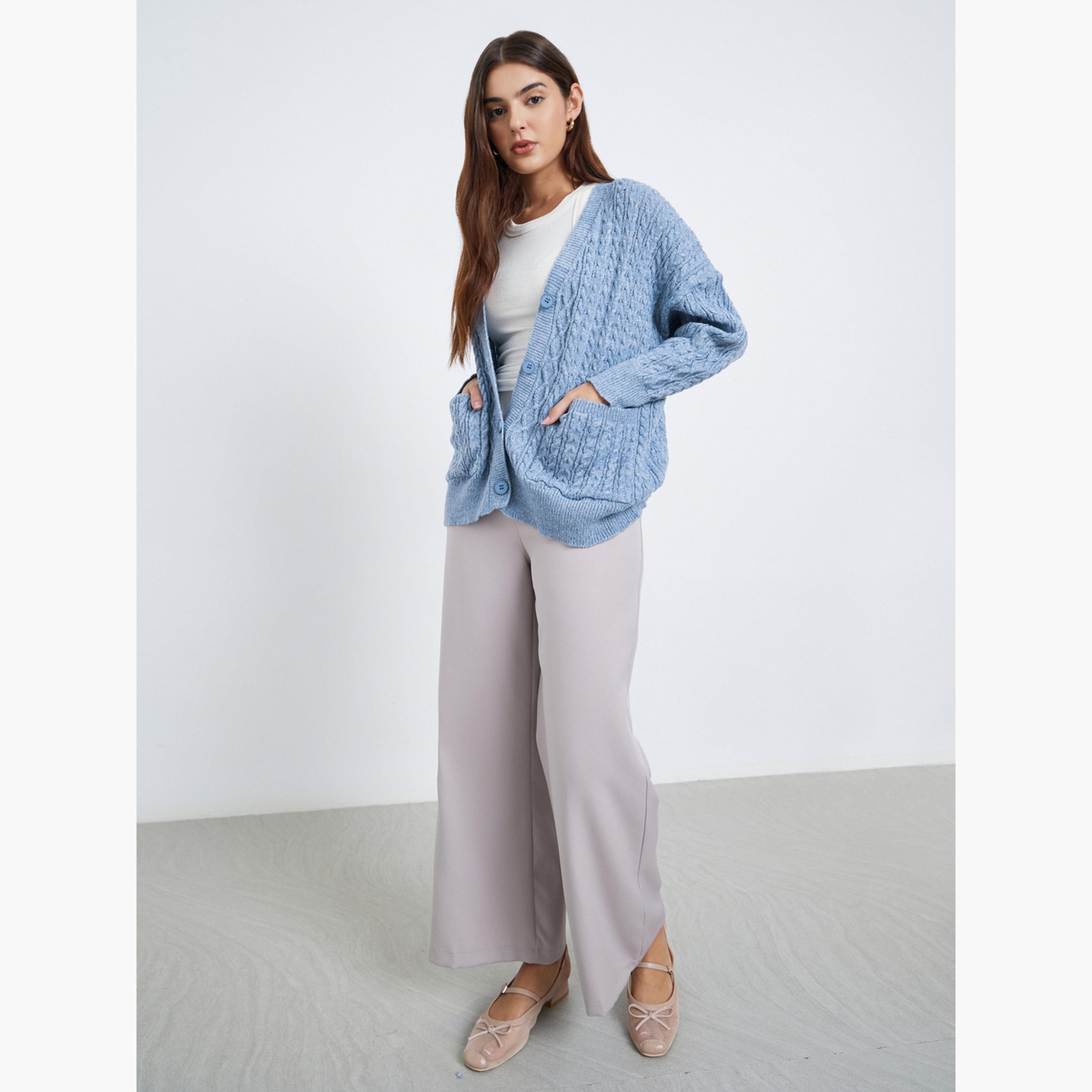 Styli Medium Blue Oversized Cable Knit Cardigan-women-winterwear-cardigansandjumpers-jumpers-image-2