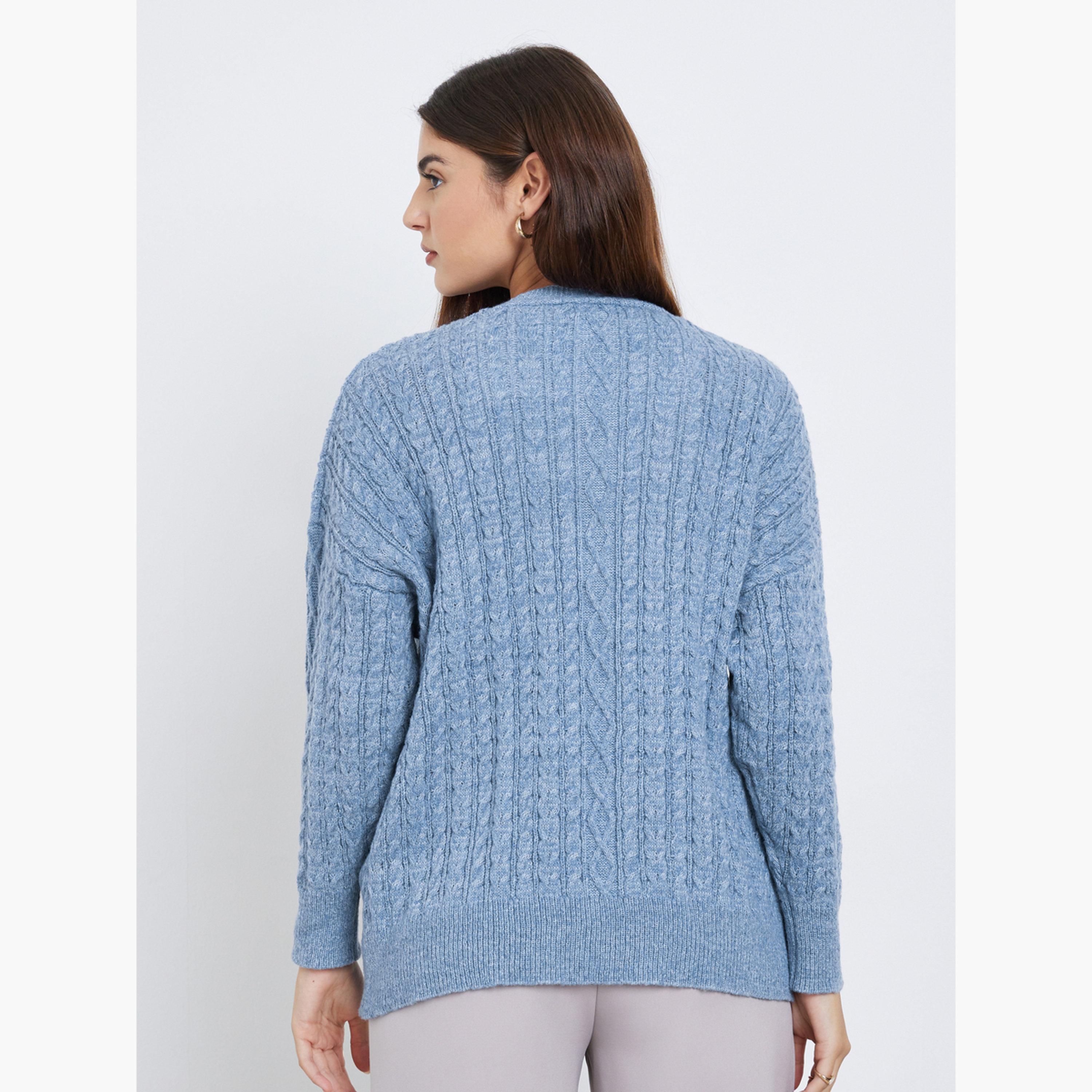 Styli Medium Blue Oversized Cable Knit Cardigan-women-winterwear-cardigansandjumpers-jumpers-image-4
