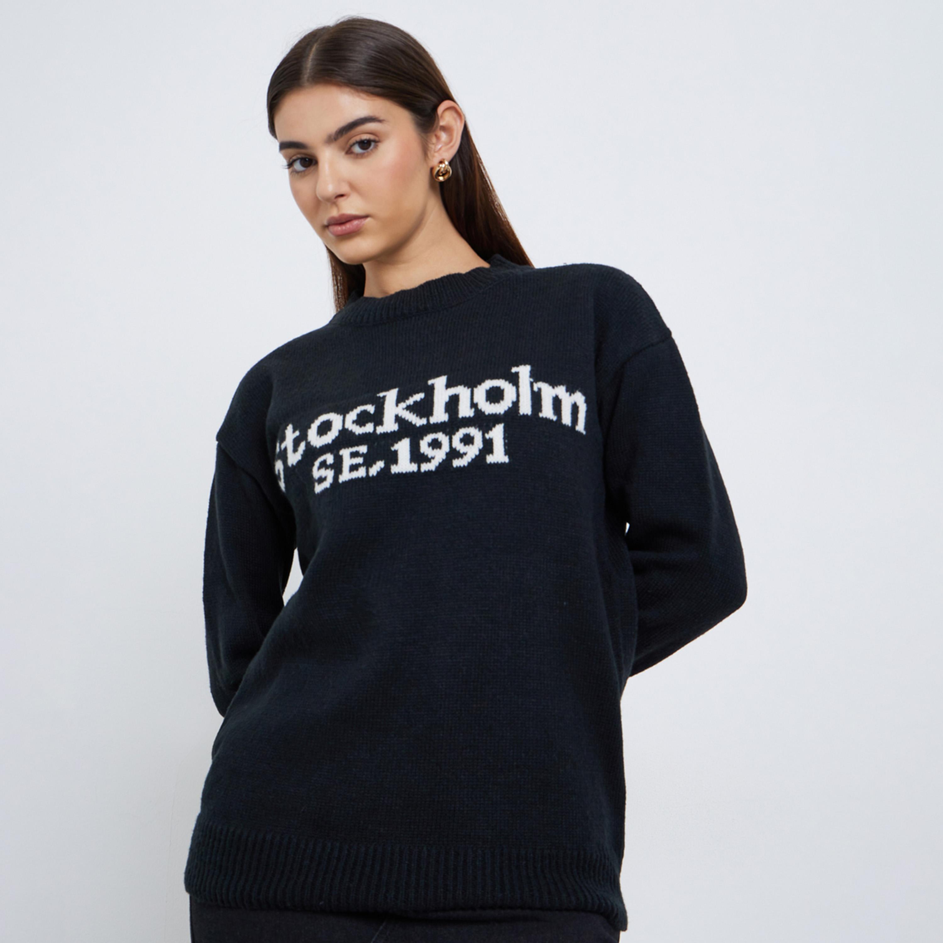 Styli Black Stockholm SE 1991 Slogan Print Regular Fit Sweater-women-winterwear-cardigansandjumpers-jumpers-image-1