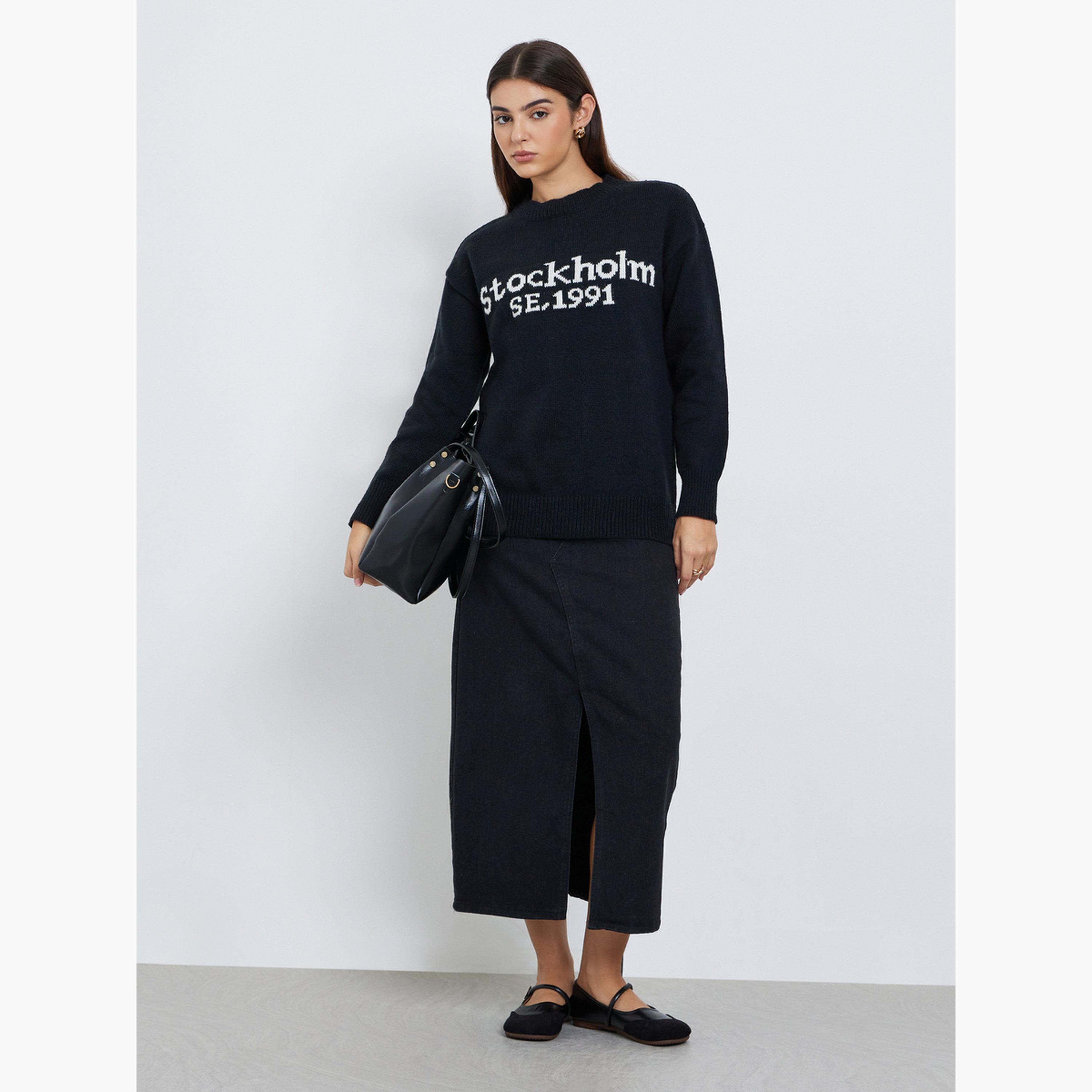 Styli Black Stockholm SE 1991 Slogan Print Regular Fit Sweater-women-winterwear-cardigansandjumpers-jumpers-image-2