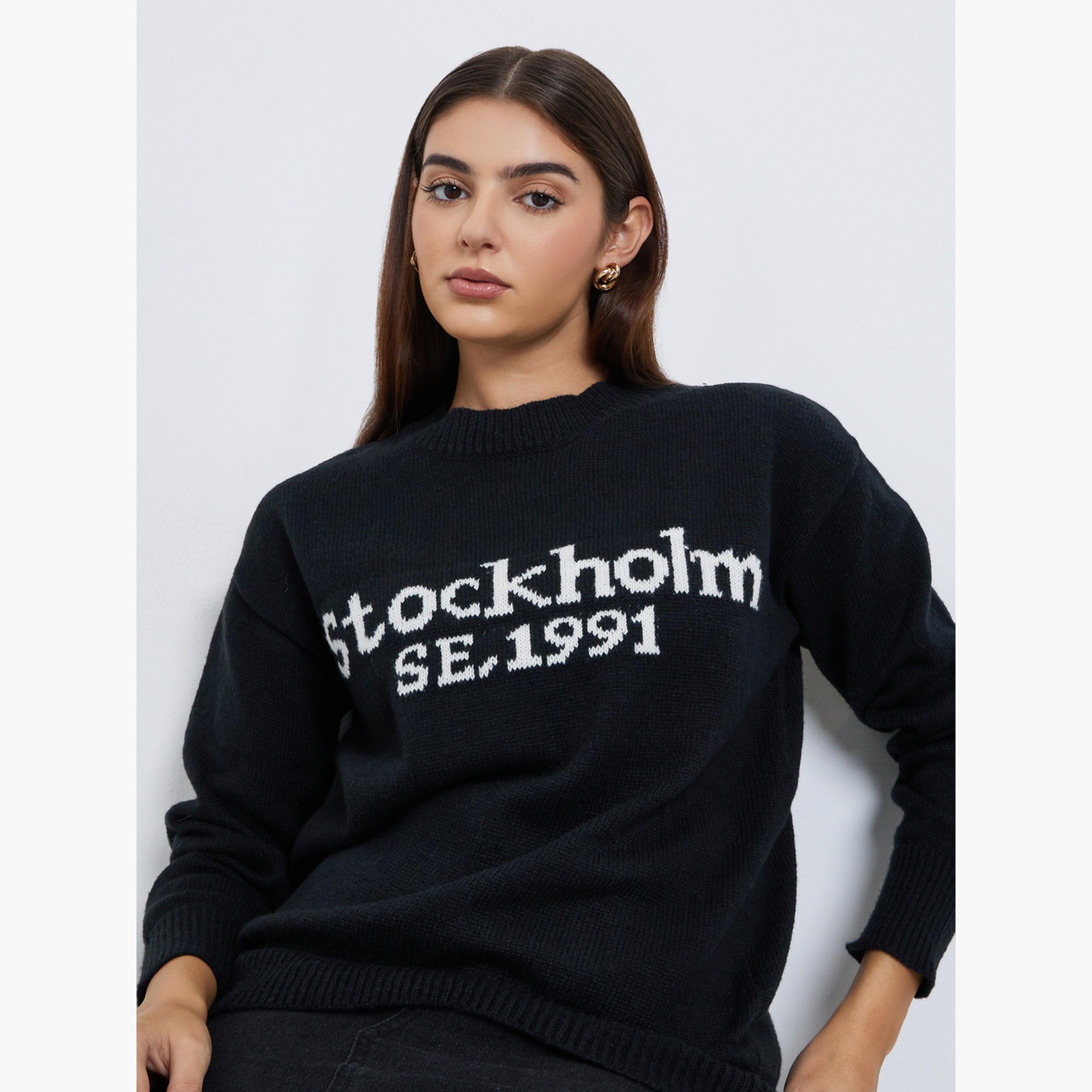 Styli Black Stockholm SE 1991 Slogan Print Regular Fit Sweater-women-winterwear-cardigansandjumpers-jumpers-image-3