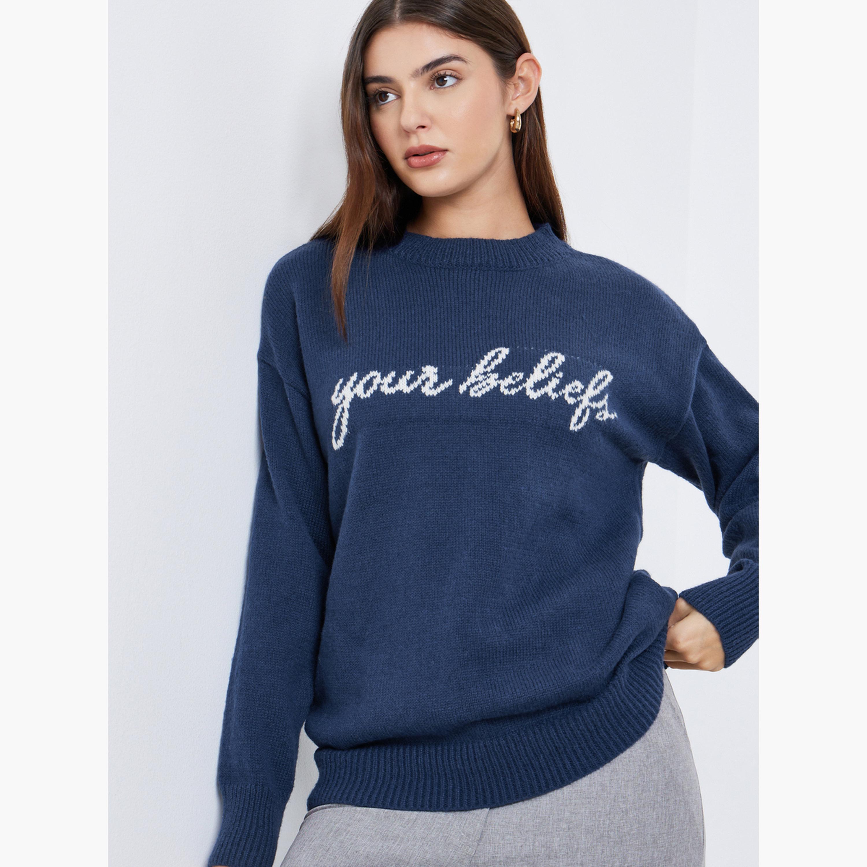Styli Dark Blue Embroidered Slogan Sweater-women-winterwear-cardigansandjumpers-jumpers-image-1