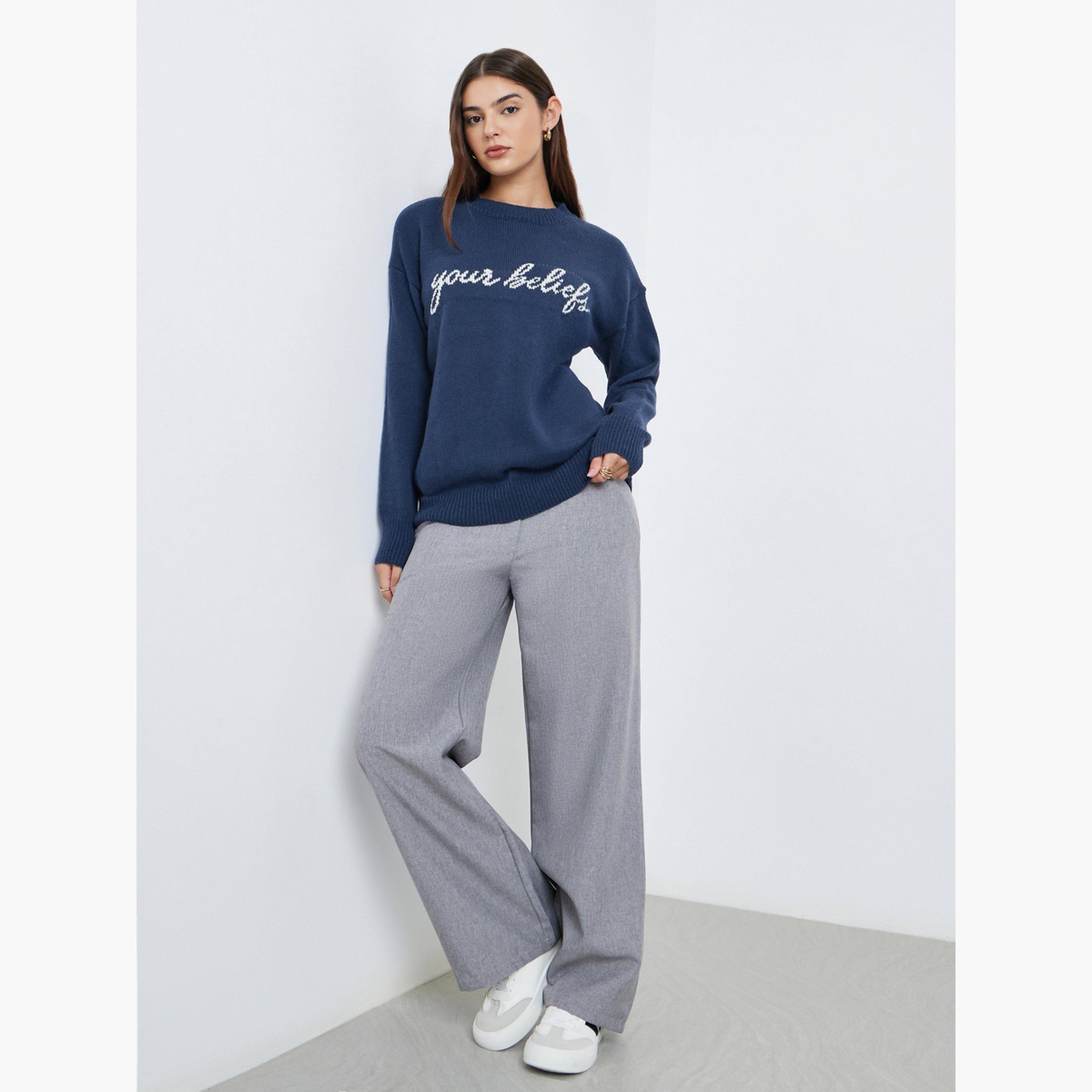 Styli Dark Blue Embroidered Slogan Sweater-women-winterwear-cardigansandjumpers-jumpers-image-2