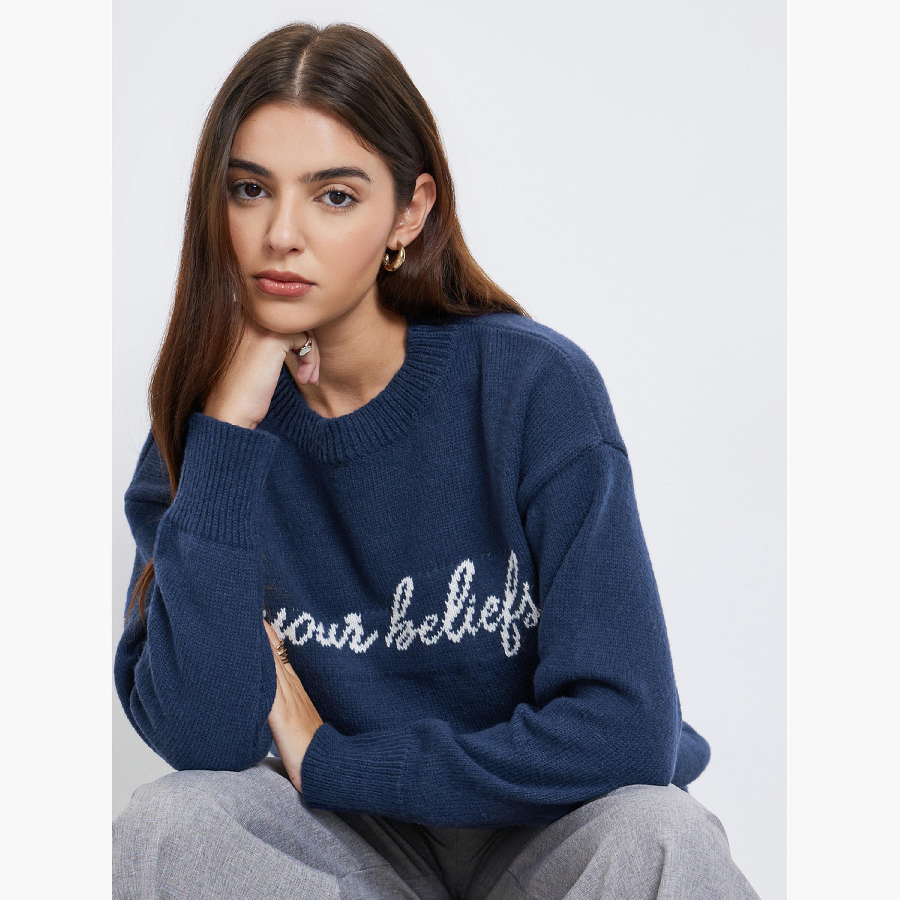 Styli Dark Blue Embroidered Slogan Sweater-women-winterwear-cardigansandjumpers-jumpers-image-3