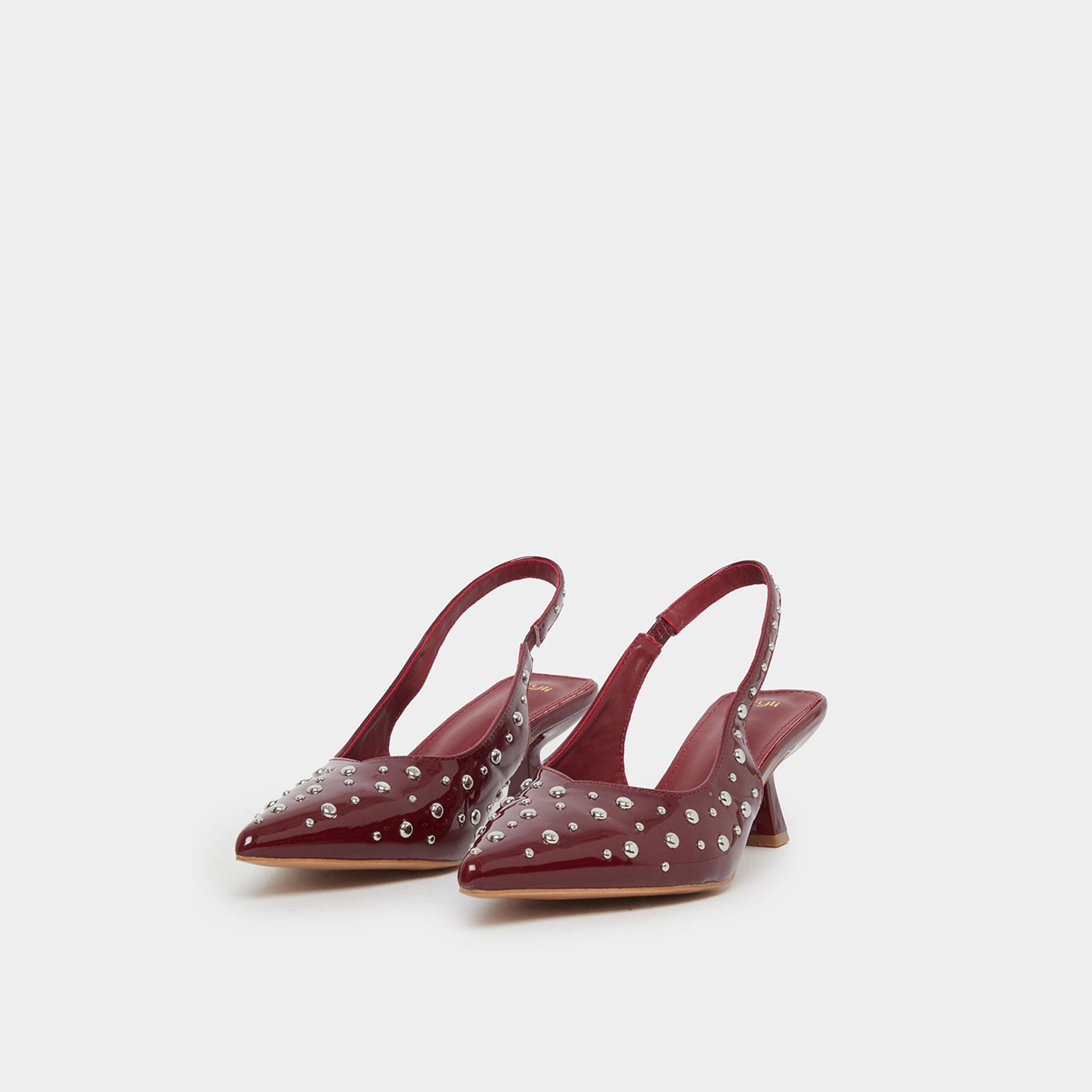 ستايلي - حذاء بكعب قصير مفتوح من الخلف ومرصع بمسامير بلون عنابي-women-shoes-heels-image-1
