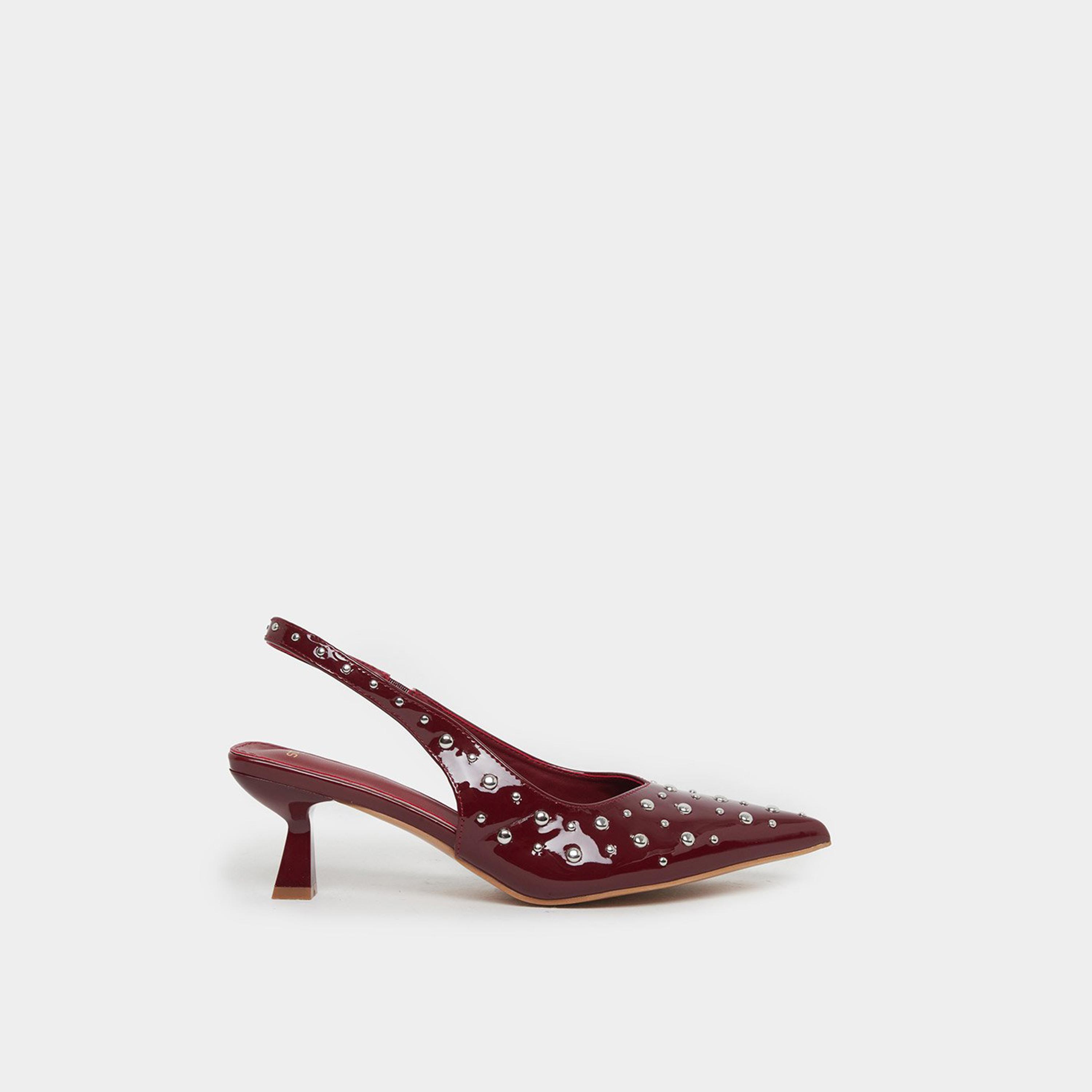 ستايلي - حذاء بكعب قصير مفتوح من الخلف ومرصع بمسامير بلون عنابي-women-shoes-heels-image-2
