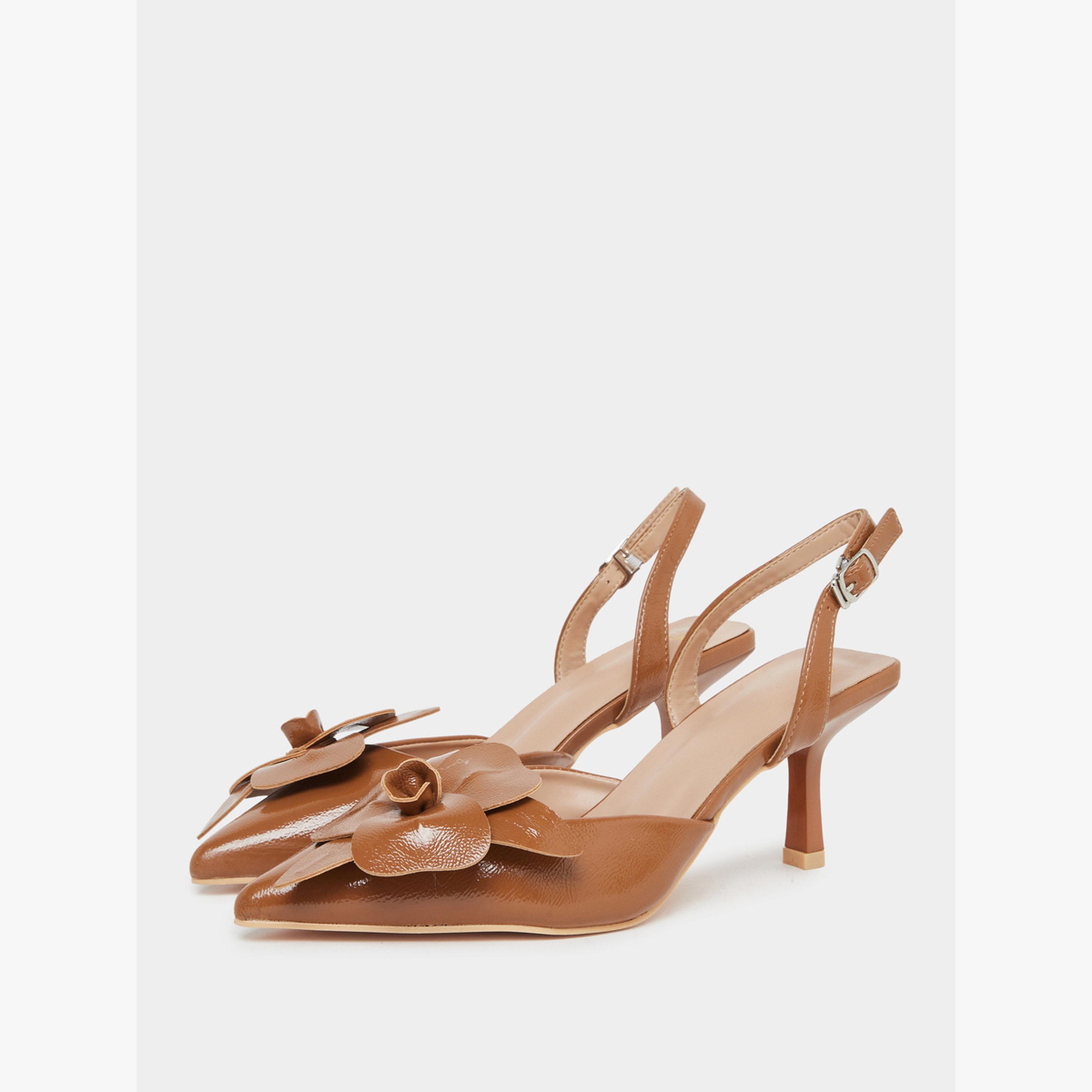 Styli Tan Slingback Stiletto Heels Shoes with Flower Detail-women-shoes-sandals-heeled-image-1