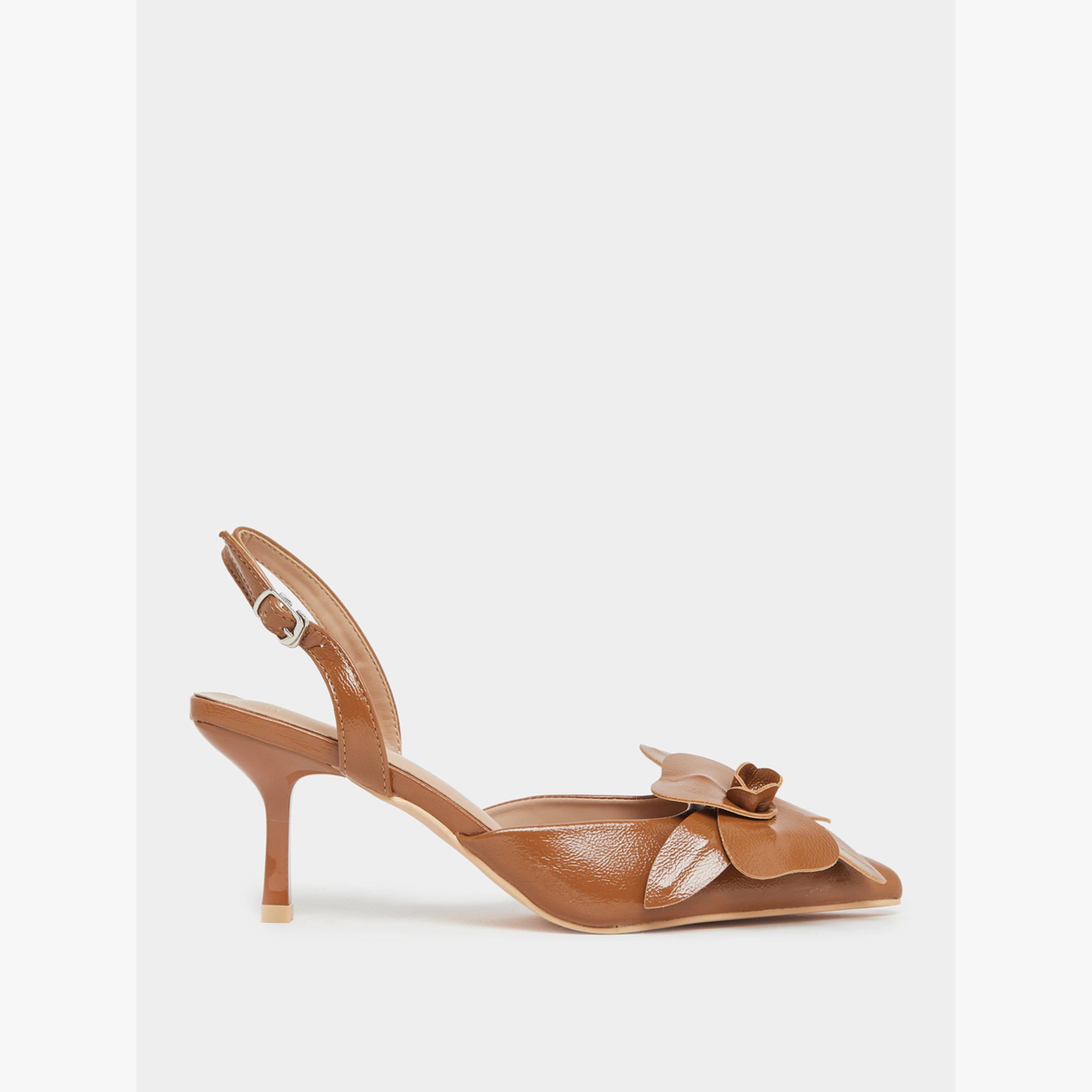 Styli Tan Slingback Stiletto Heels Shoes with Flower Detail-women-shoes-sandals-heeled-image-2