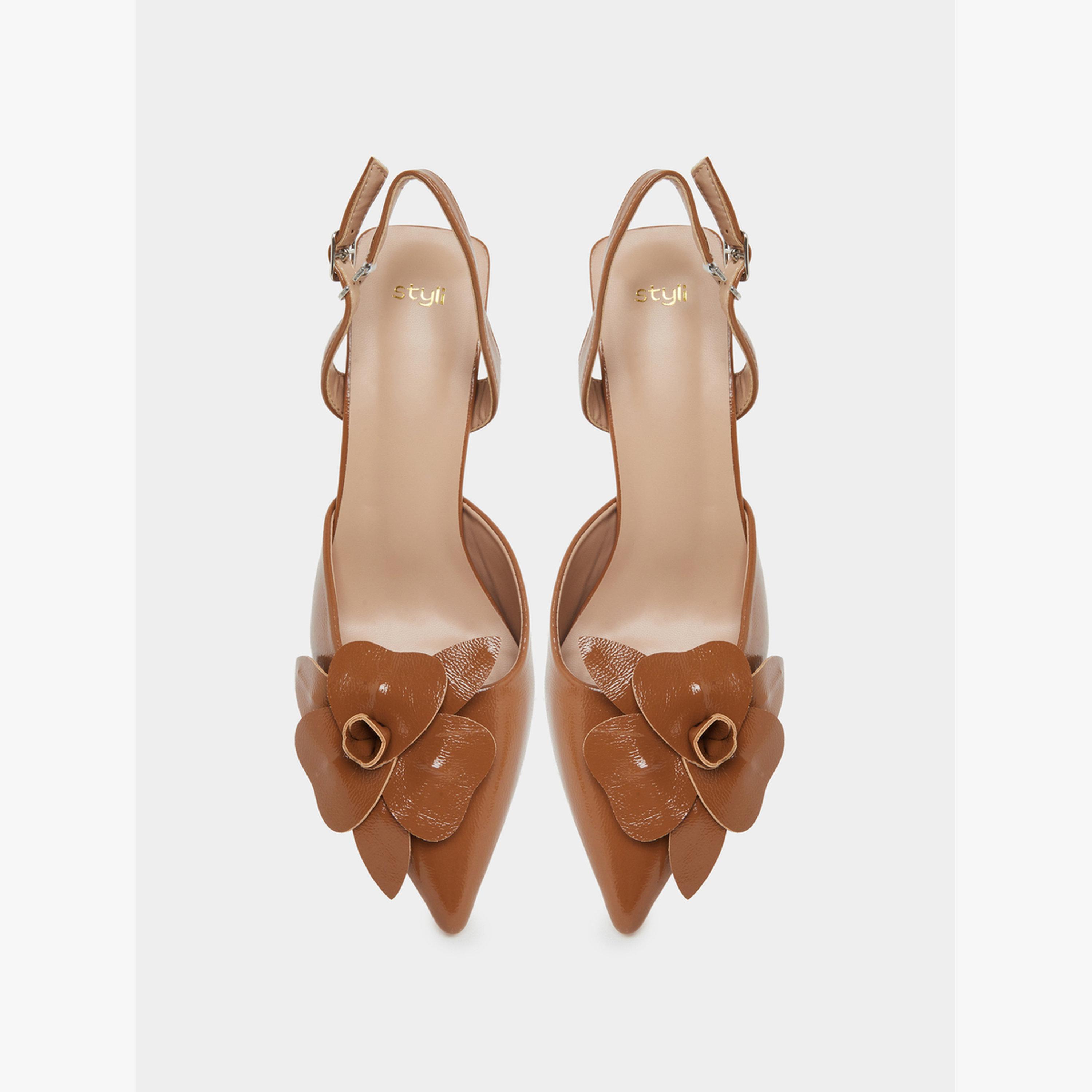 Styli Tan Slingback Stiletto Heels Shoes with Flower Detail-women-shoes-sandals-heeled-image-5