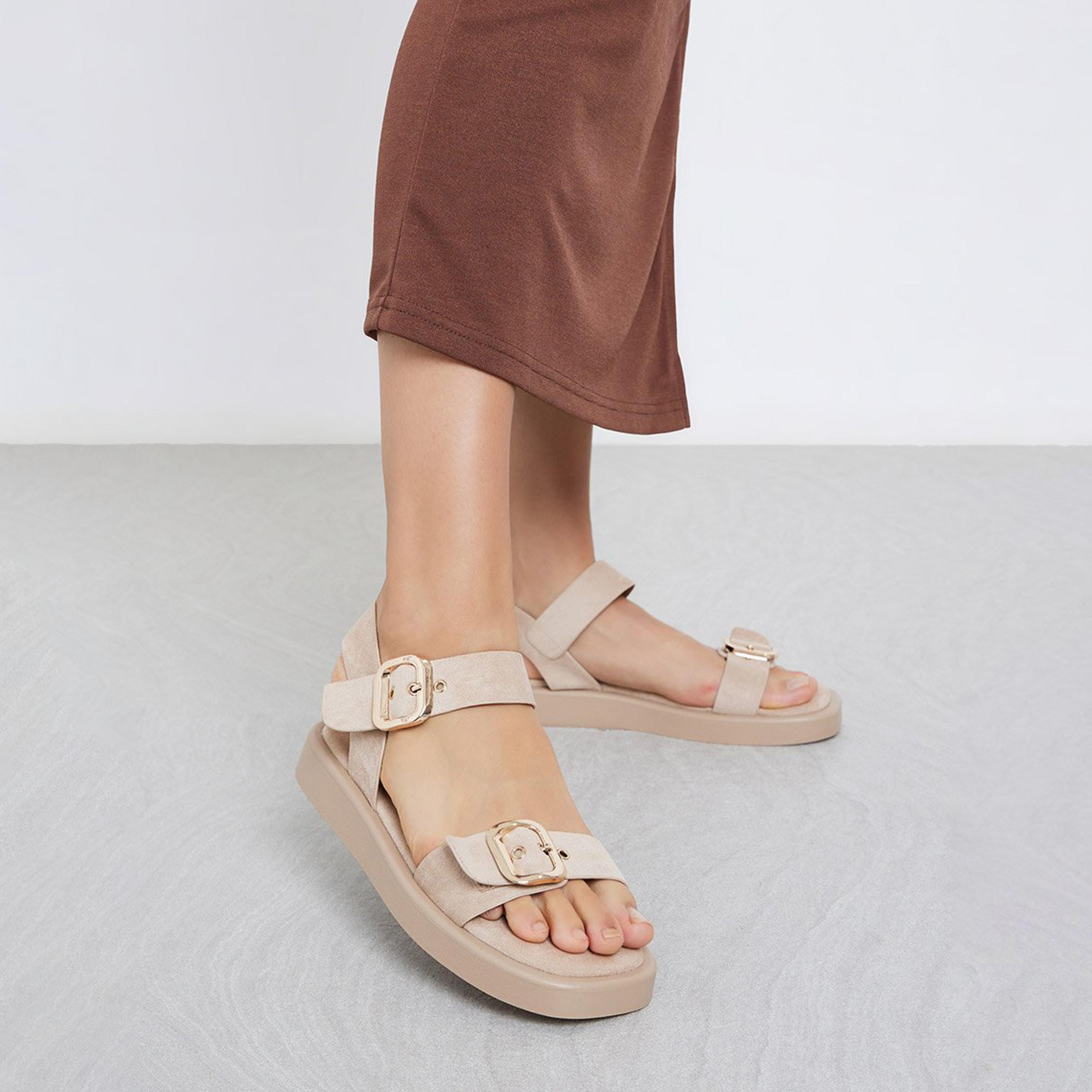 Styli Women Beige Buckle Flat Sandals-women-shoes-sandals-flats-image-2